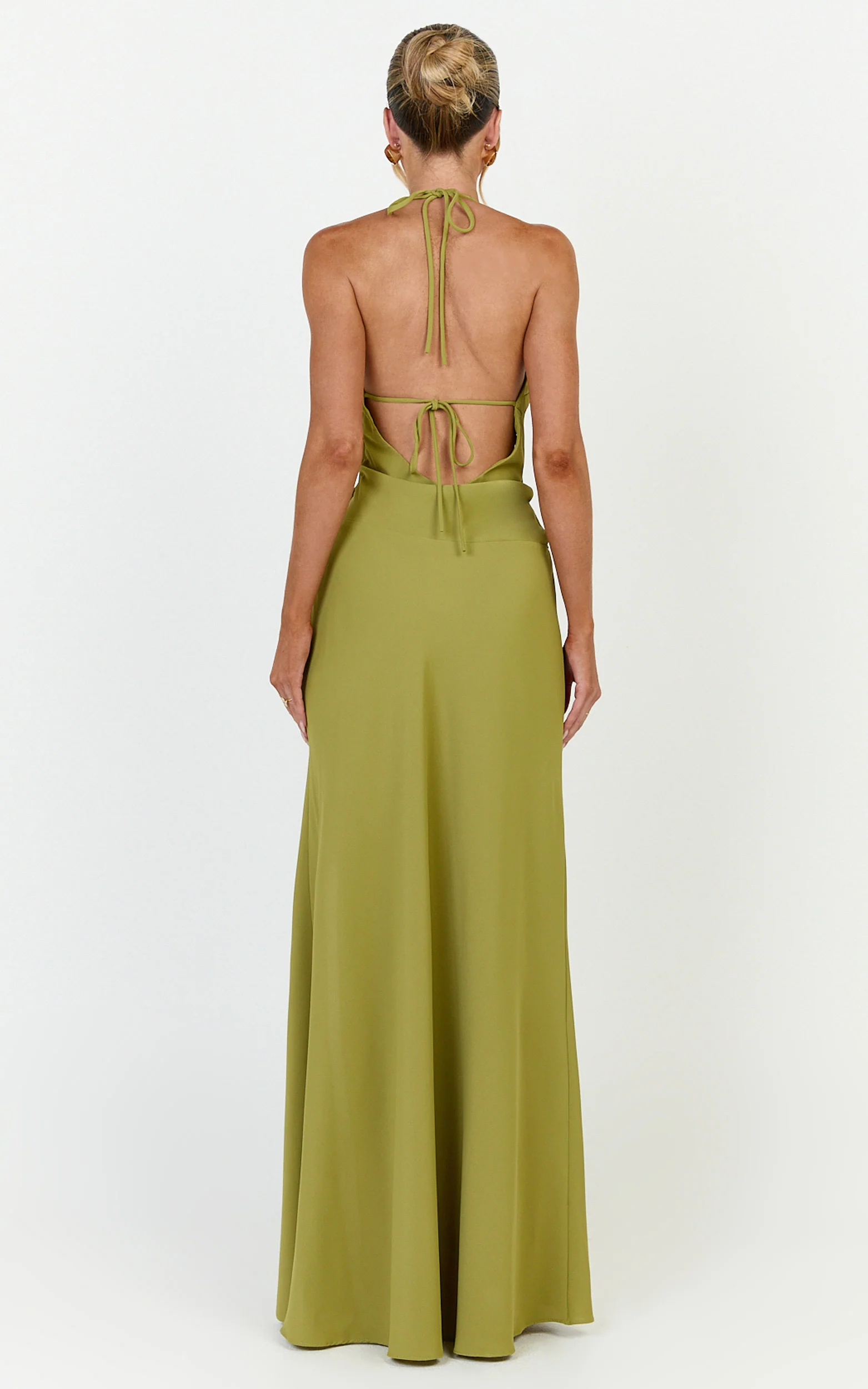 Dune Maxi Dress - Backless Plunge Neckline Draped Bodice Halter Dress in Olive - Image 6