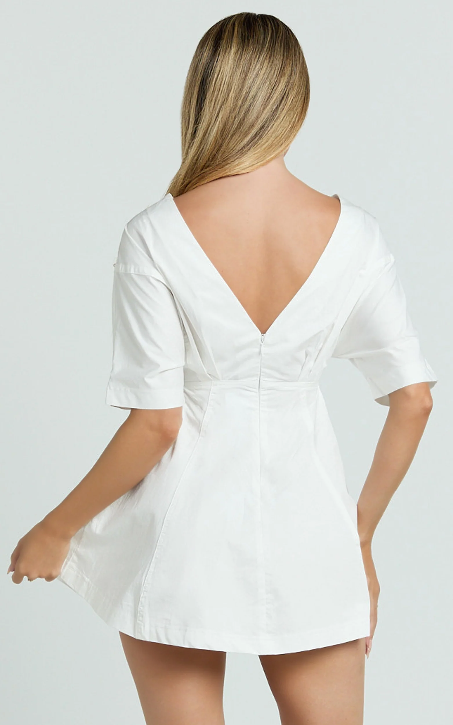 Dylan Mini Dress - High Boatneck Sleeved Fit And Flare Skirt Dress in White - Image 5