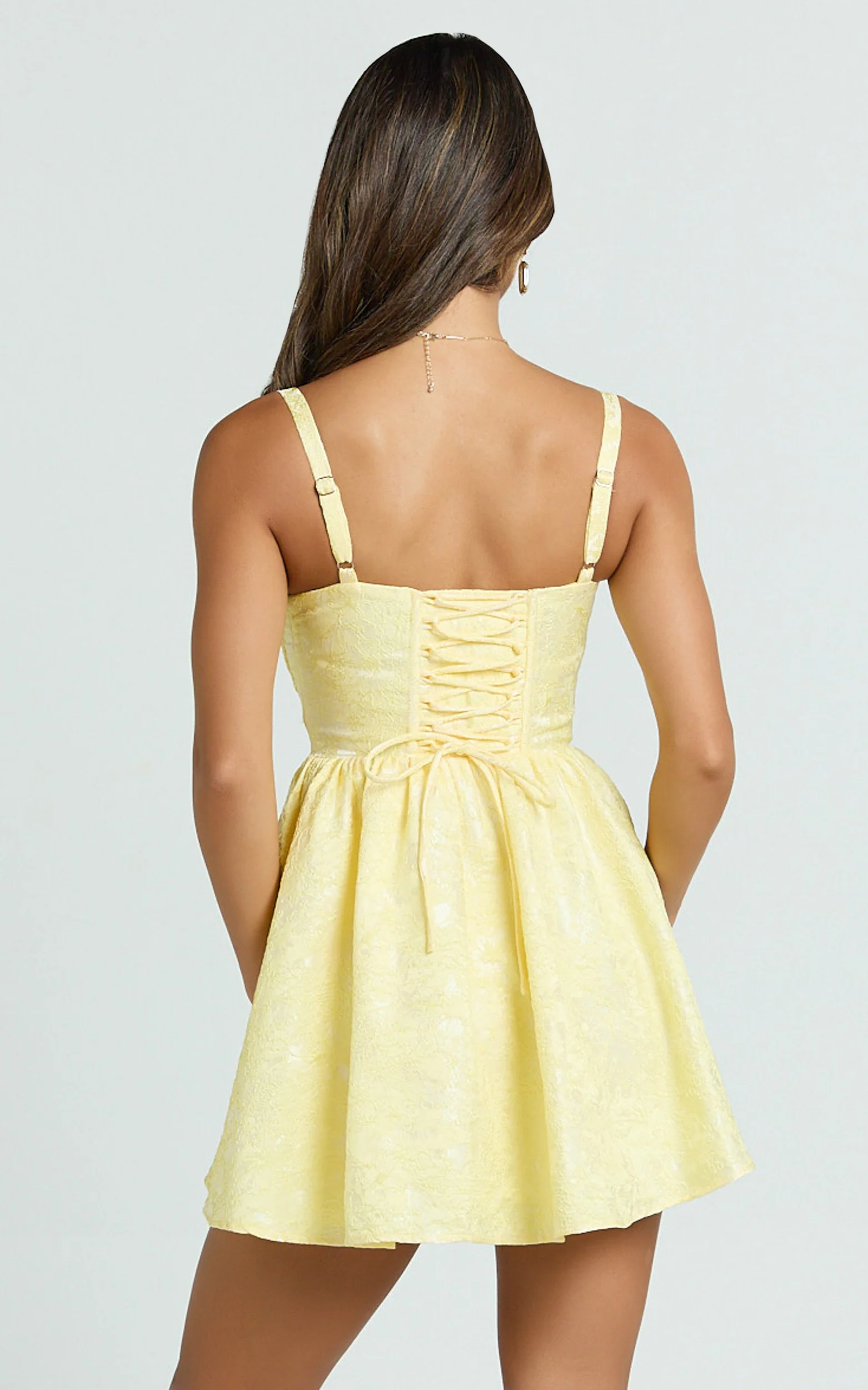 Eden Mini Dress - Jacquard Sweetheart Neck Lace Up Fit And Flare Dress in Yellow - Image 6