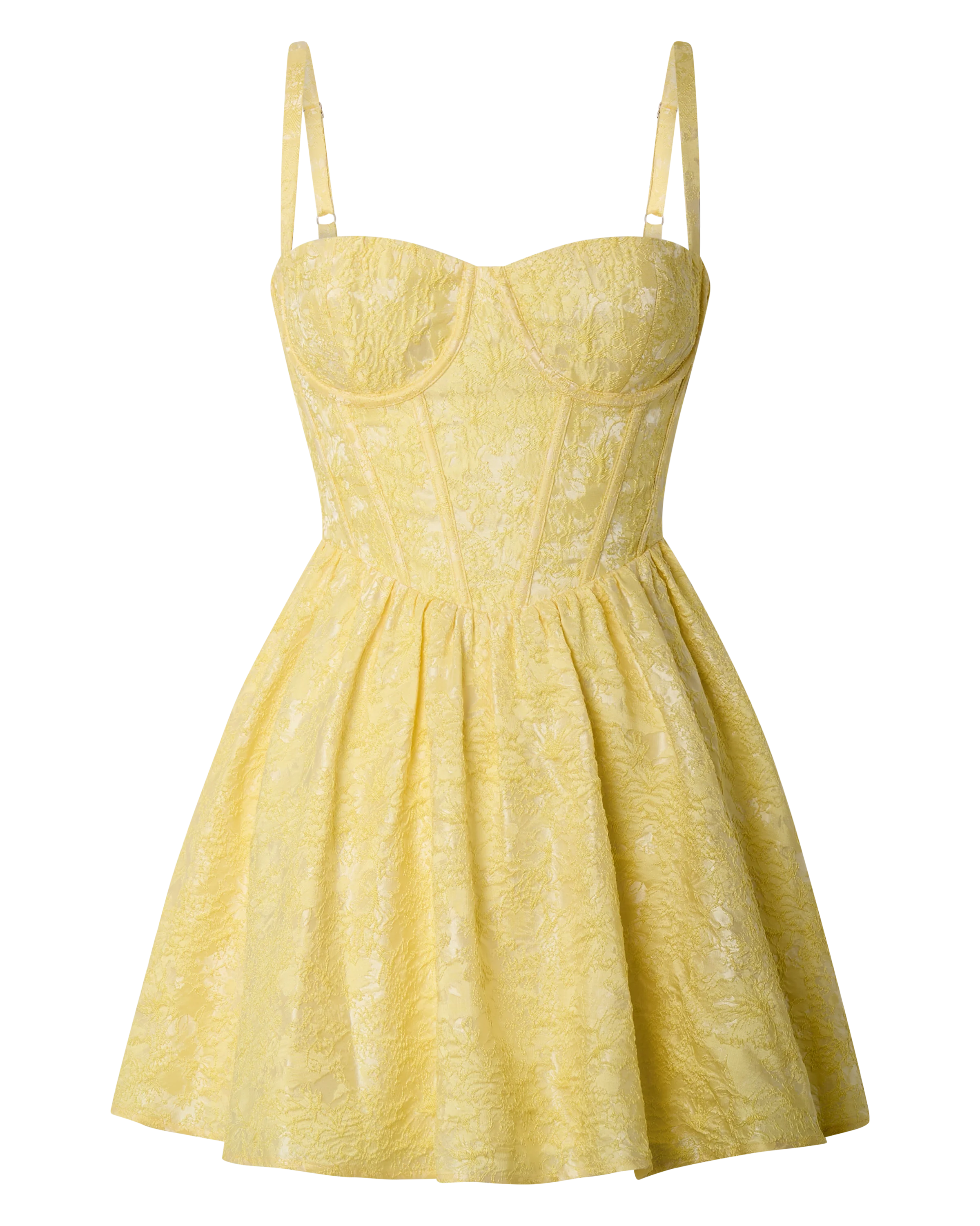 Eden Mini Dress - Jacquard Sweetheart Neck Lace Up Fit And Flare Dress in Yellow - Image 8