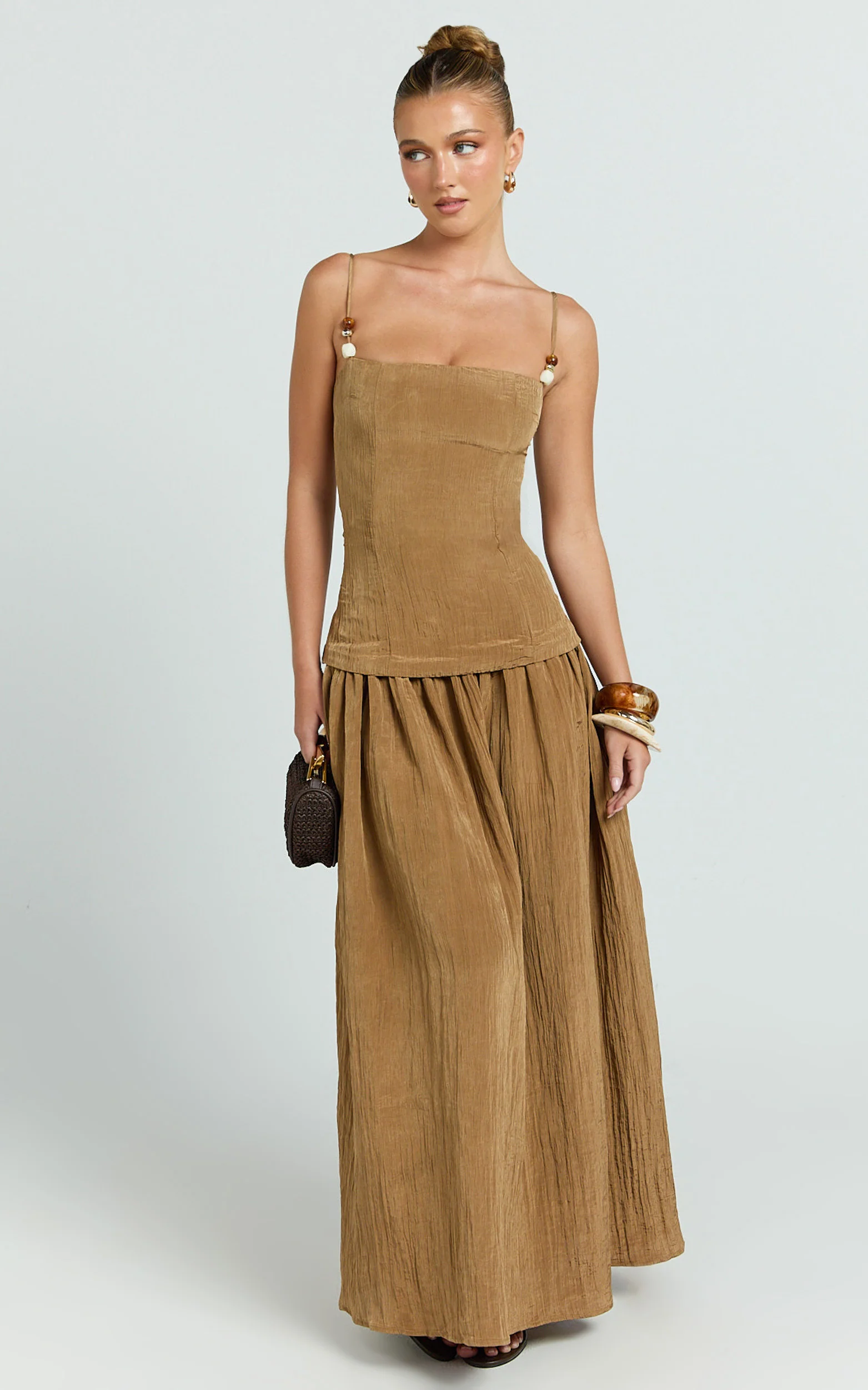 Edie Maxi Dress - Straight Neck Gathered Drop Waist Dress in Brown