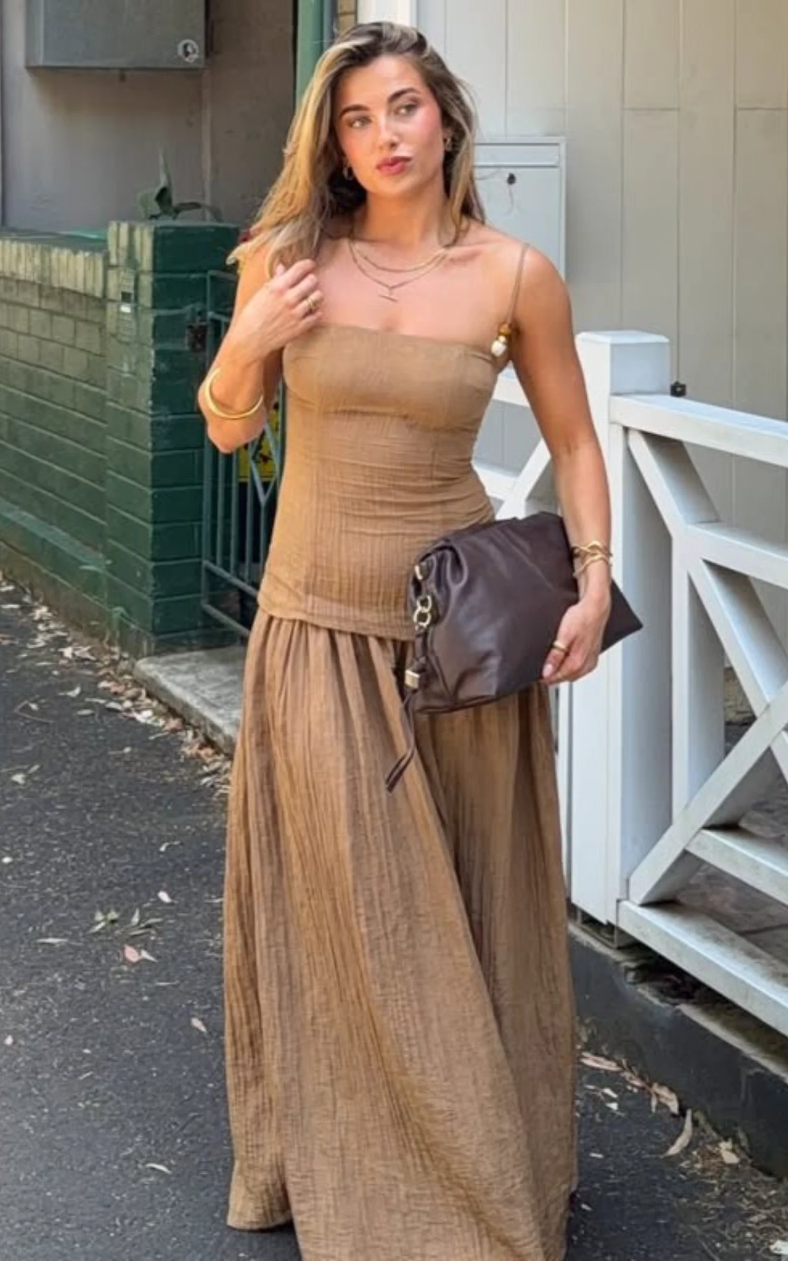 Edie Maxi Dress - Straight Neck Gathered Drop Waist Dress in Brown - Image 3