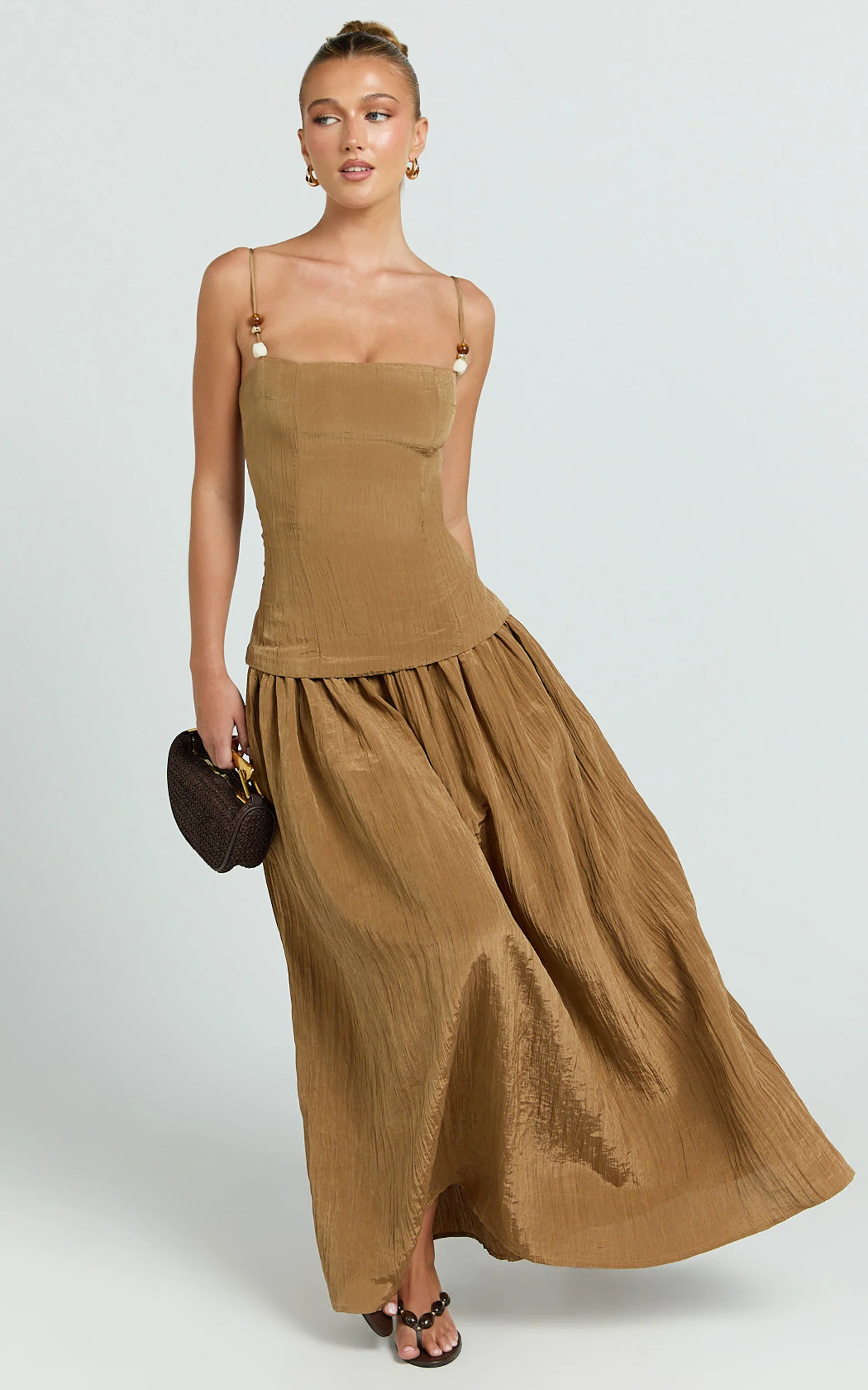 Edie Maxi Dress - Straight Neck Gathered Drop Waist Dress in Brown - Image 4
