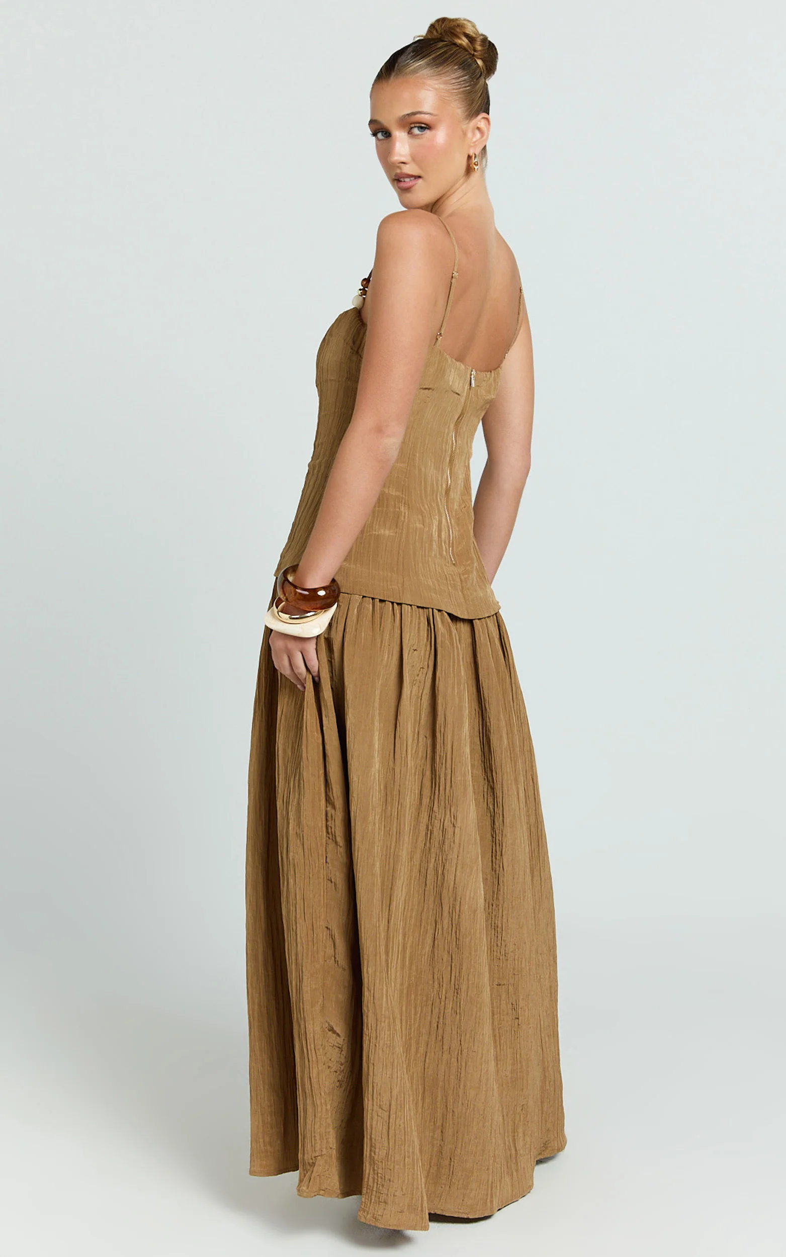 Edie Maxi Dress - Straight Neck Gathered Drop Waist Dress in Brown - Image 6