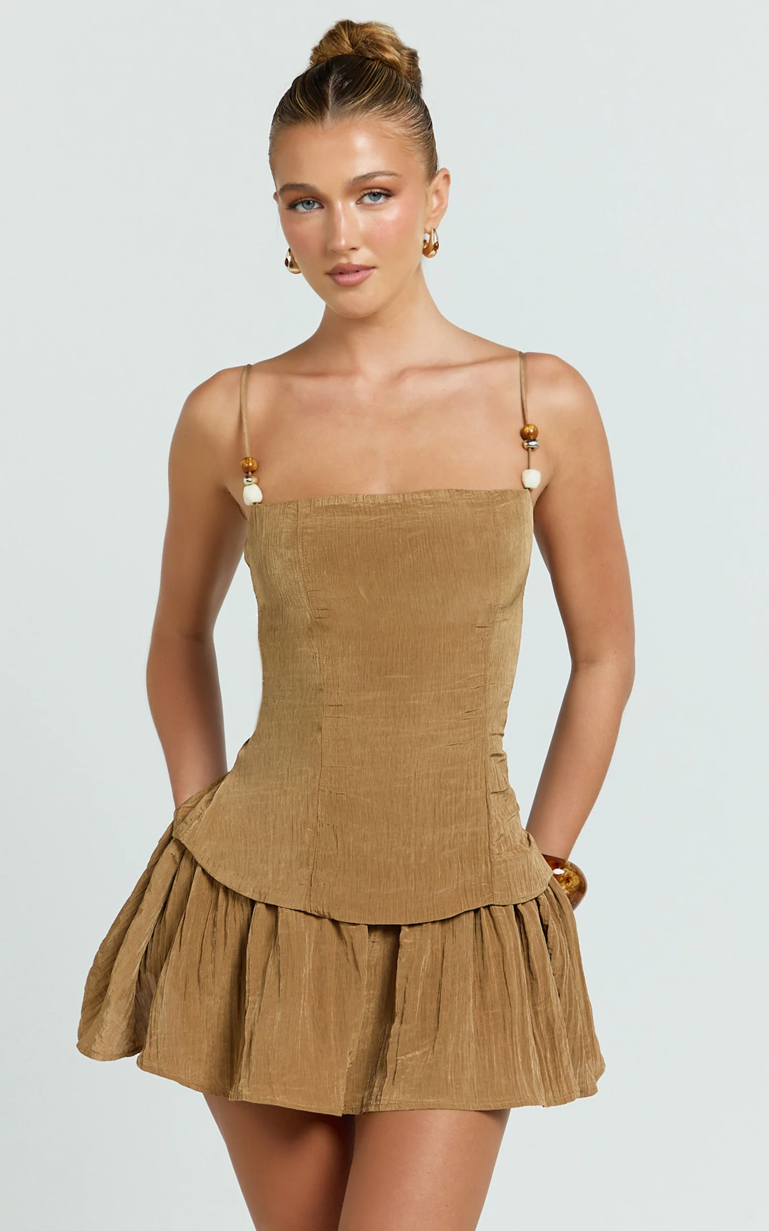 Edie Mini Dress - Straight Neck Gathered Drop Waist Dress in Brown - Image 2