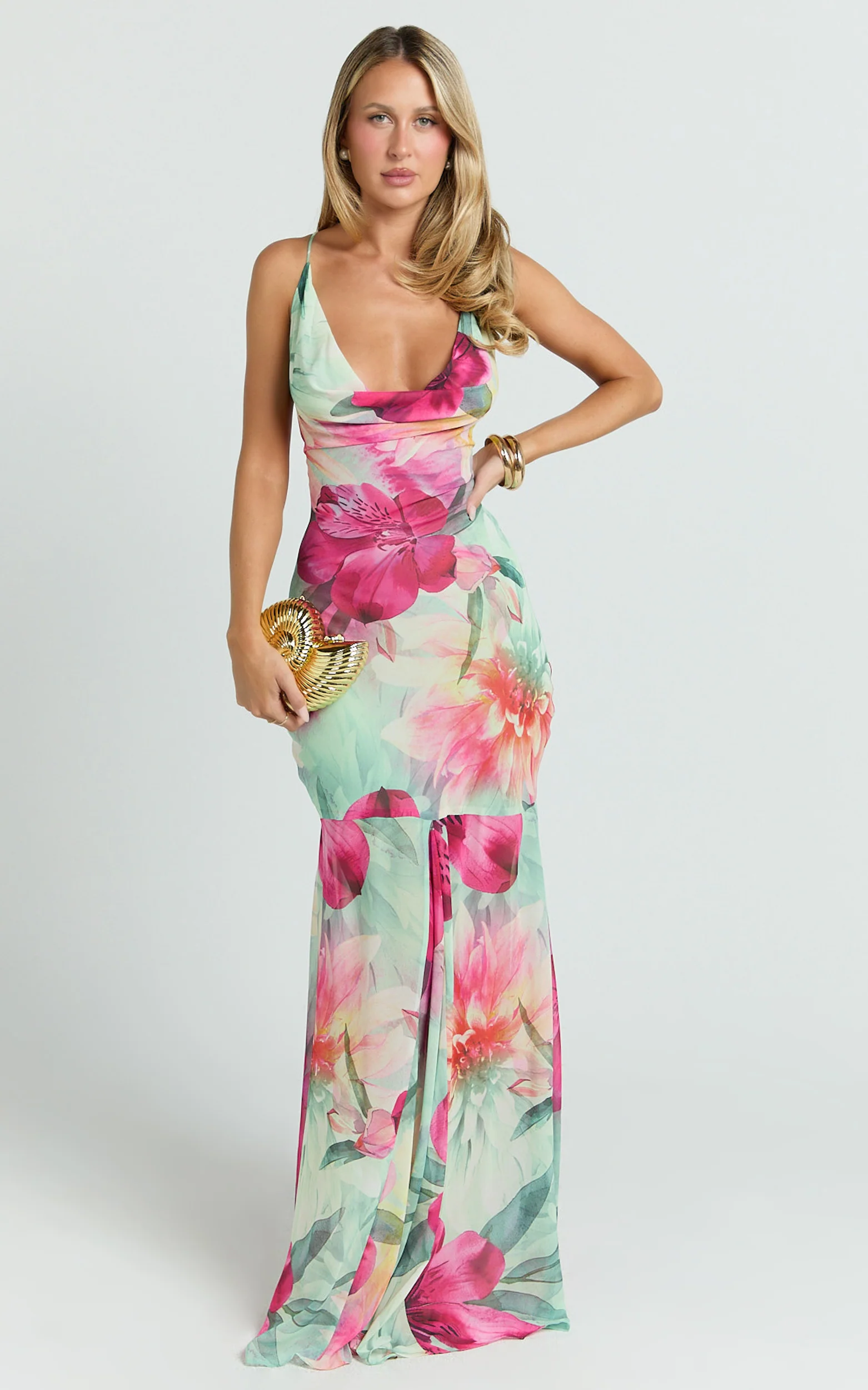 Edwina Maxi Dress - Georgette Cowl Neck Sheer Skirt Dress in Abstract Floral - Image 5
