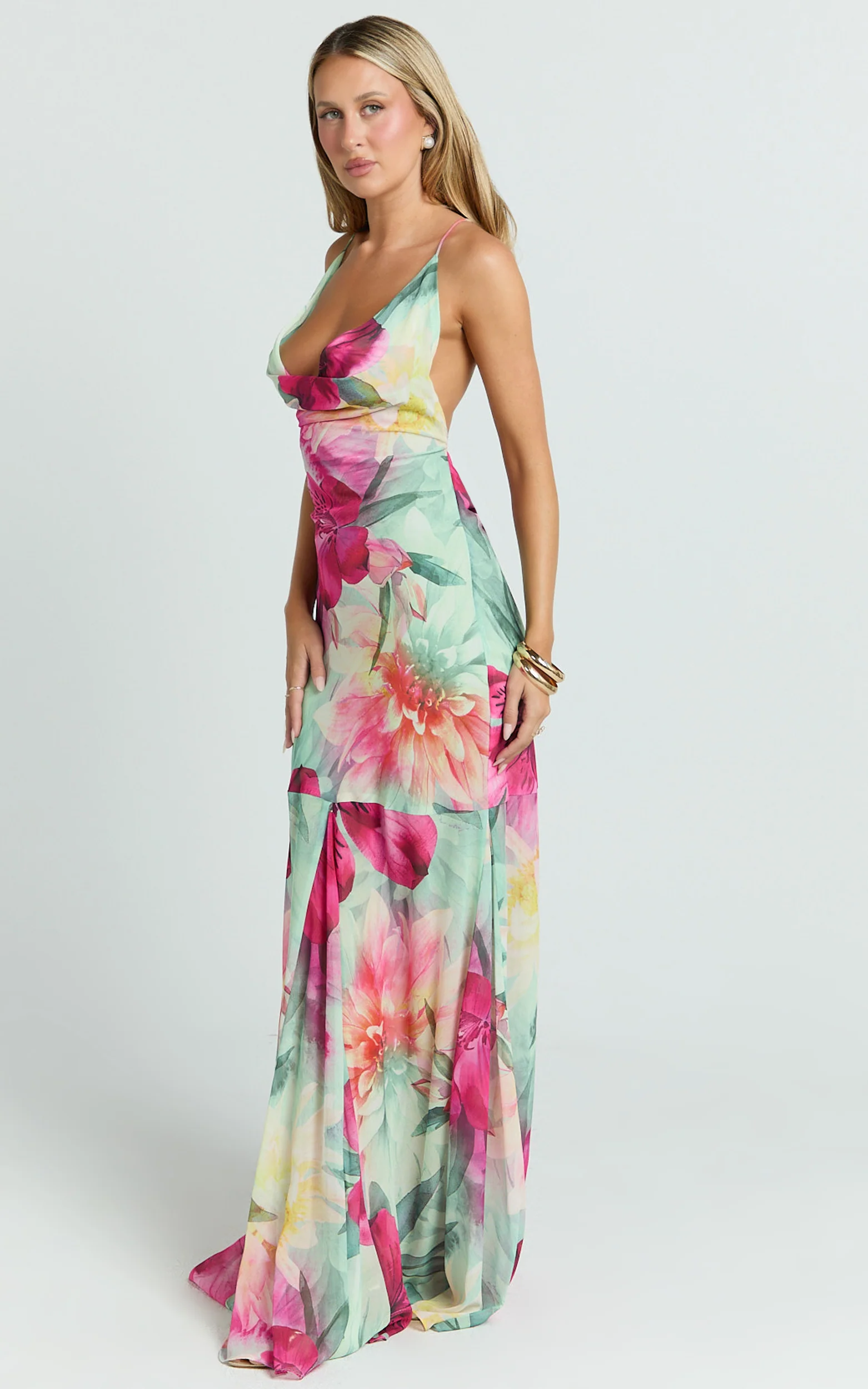 Edwina Maxi Dress - Georgette Cowl Neck Sheer Skirt Dress in Abstract Floral - Image 7