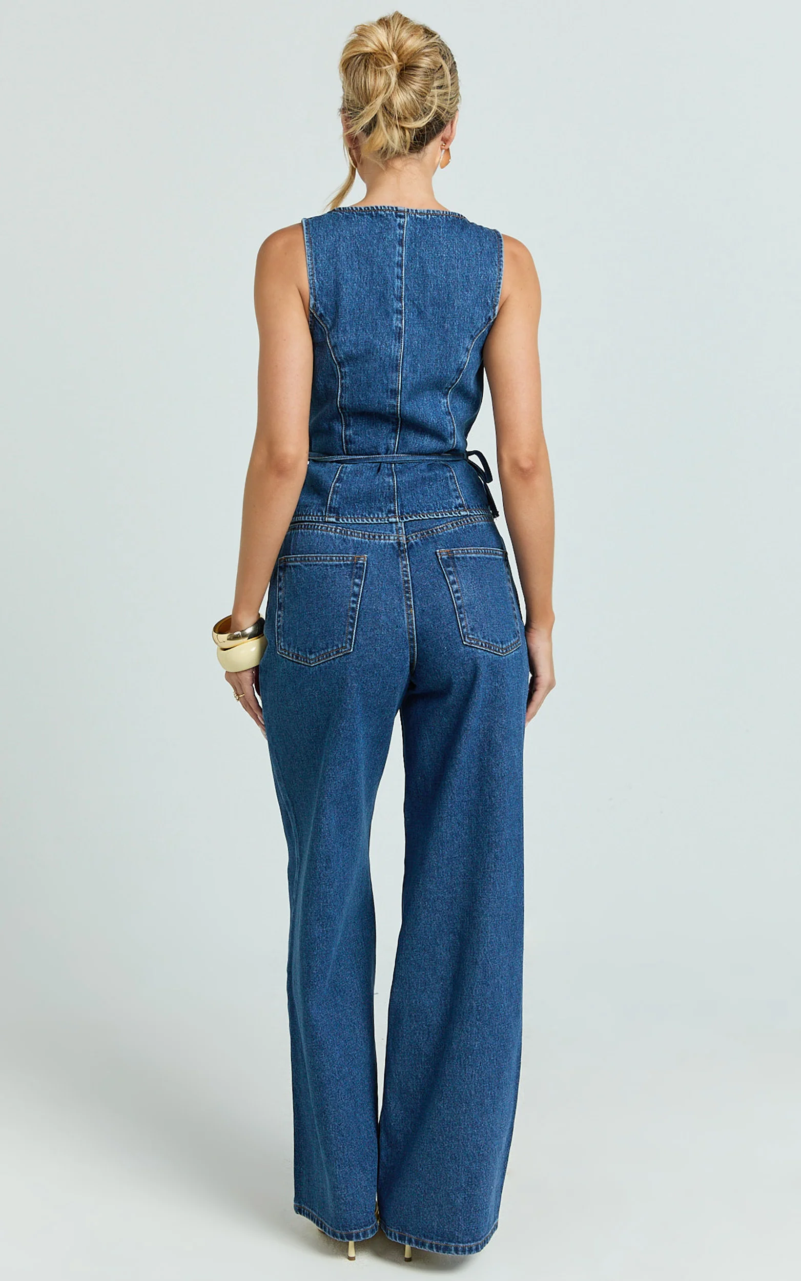 Eleonor Top - Denim V Neck Vest Top with Tie Waist in Mid Blue Wash - Image 5