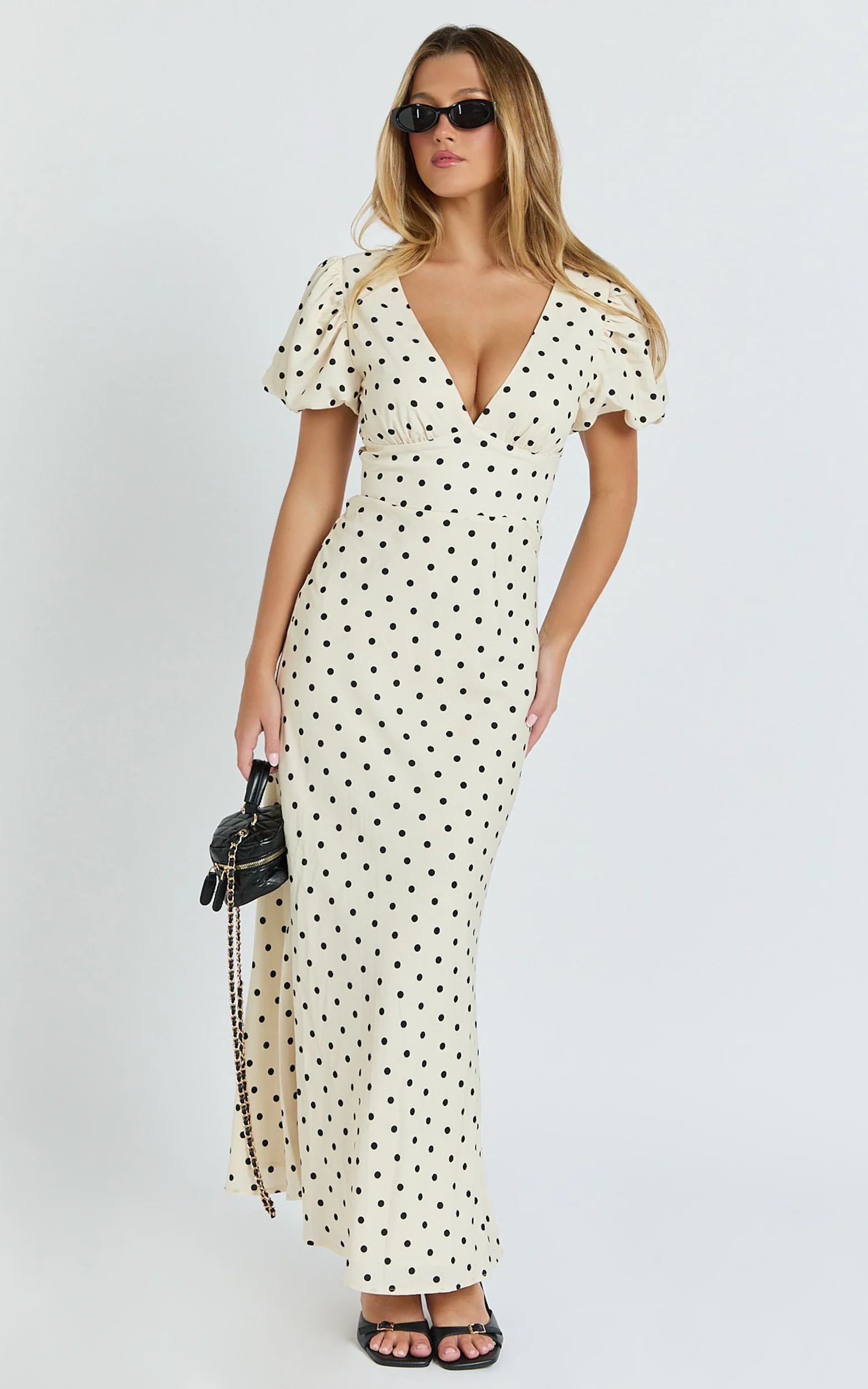 Elise Midi Dress - V Neck Puff Sleeve Dress in White Polka Dot - Image 5
