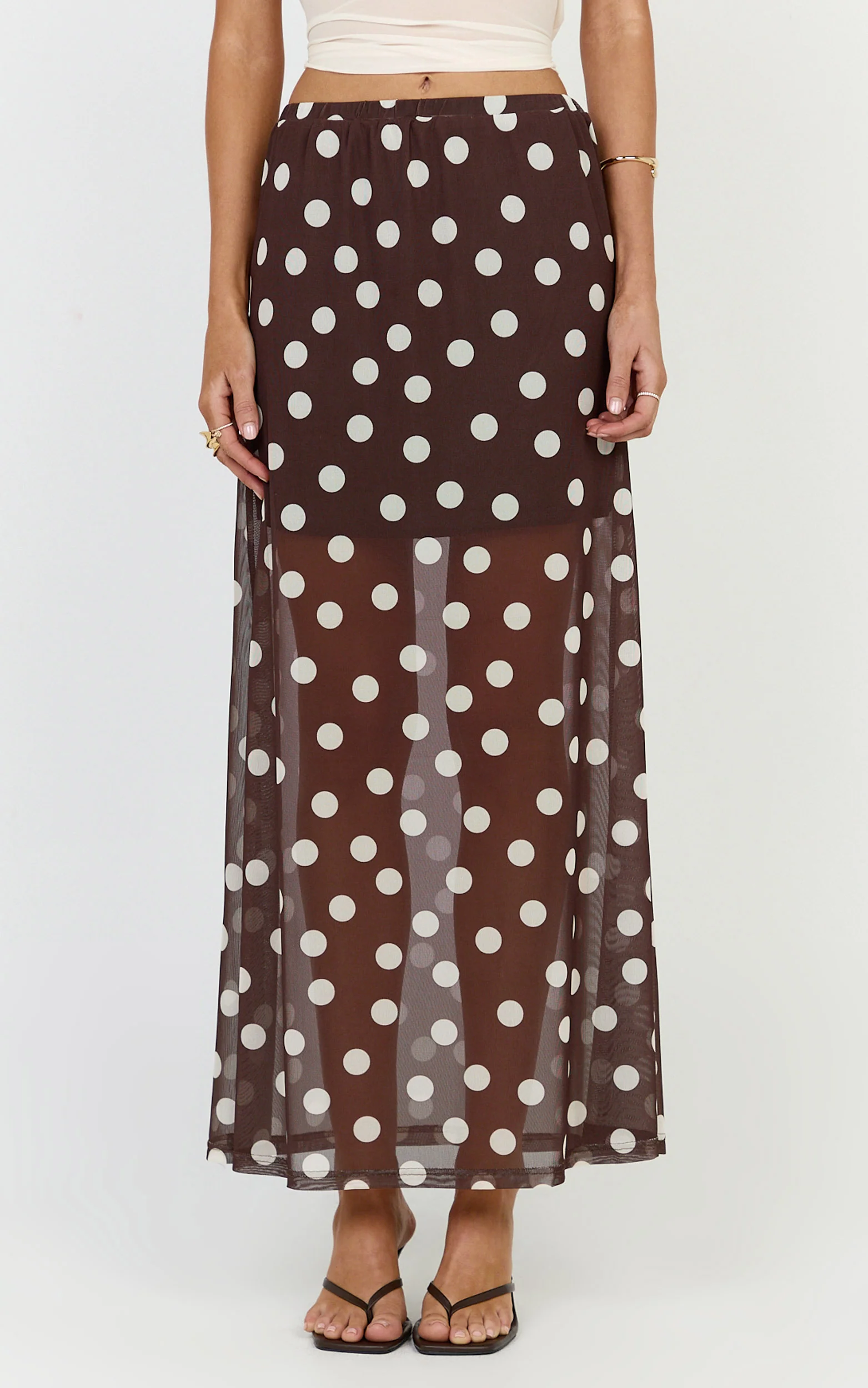 Ella Midi Skirt - Sheer Layered Skirt in Chocolate Polka Dot - Image 2