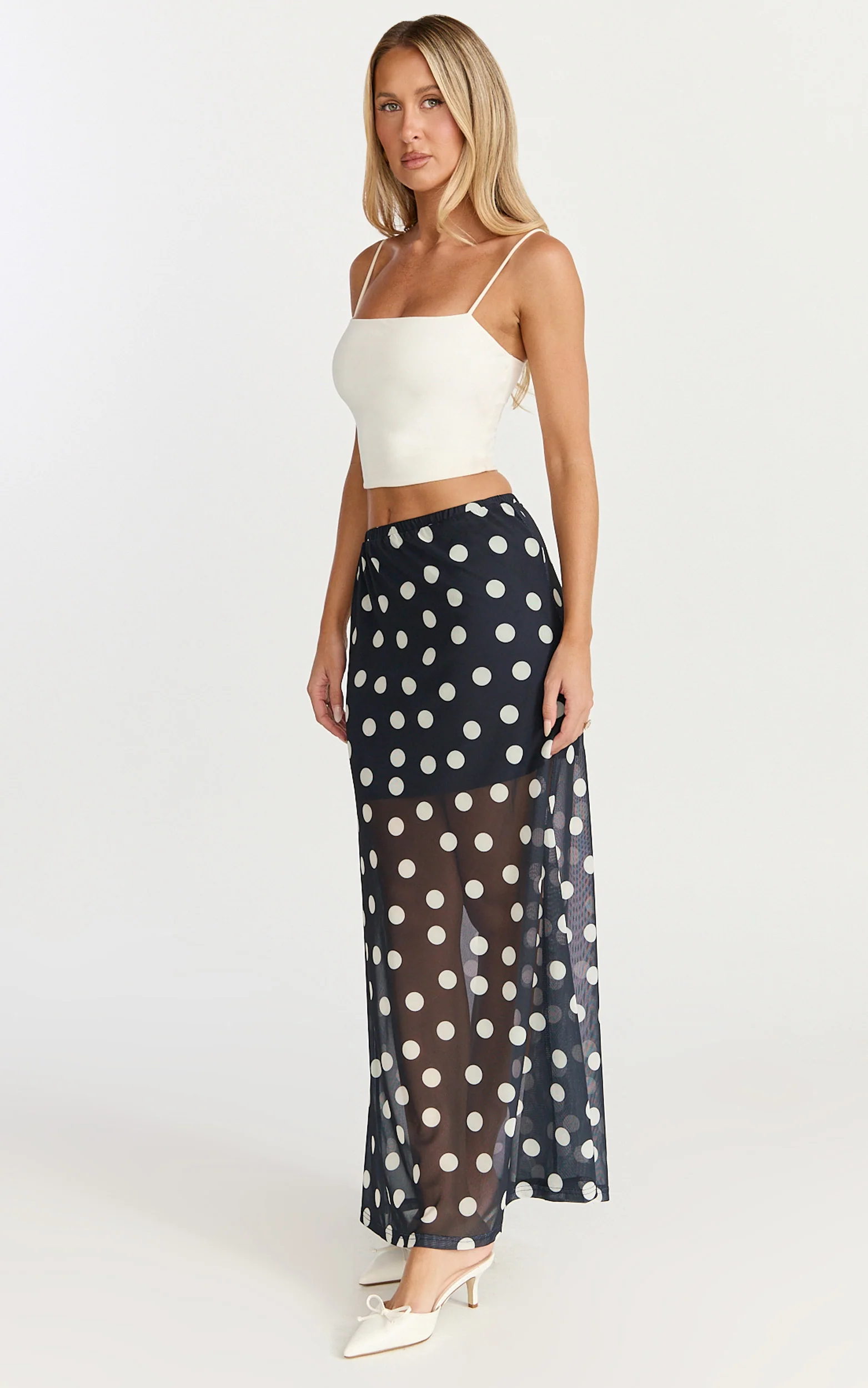 Ella Midi Skirt - Sheer Layered Skirt in Navy Polka Dot - Image 4