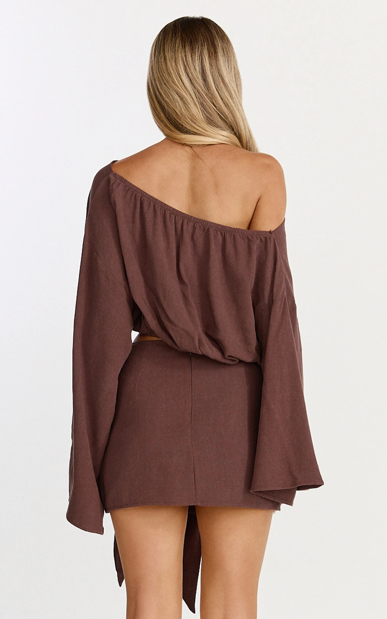Elly Two Piece Top and Skirt Set - Asymmetric Neck Elastic Hem Top and Tie Front Wrap Mini Skirt Set in Chocolate - Image 5