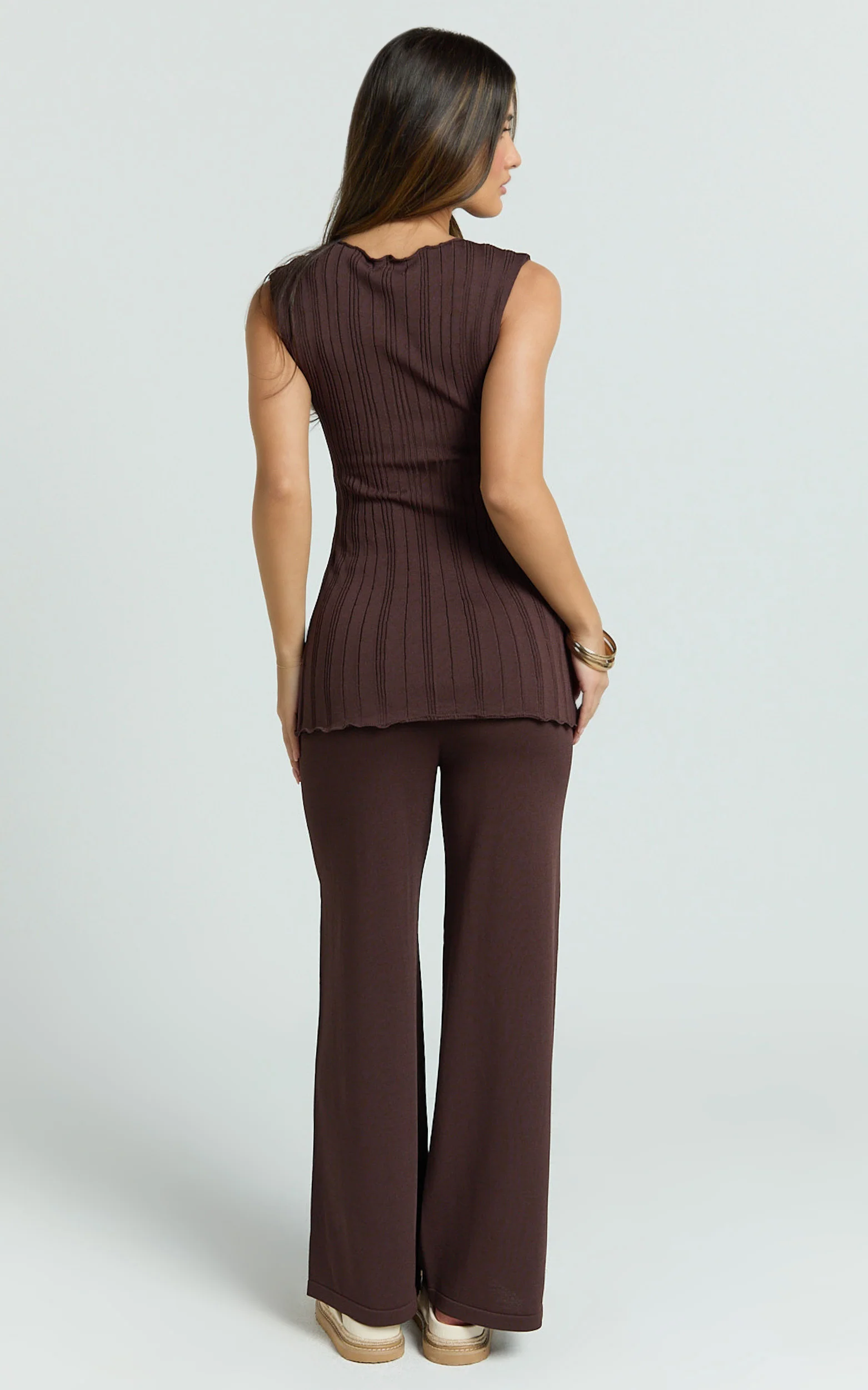 Elodie Two Piece Set - Rib Knit Top and Pant Set in Chocolate - Image 6