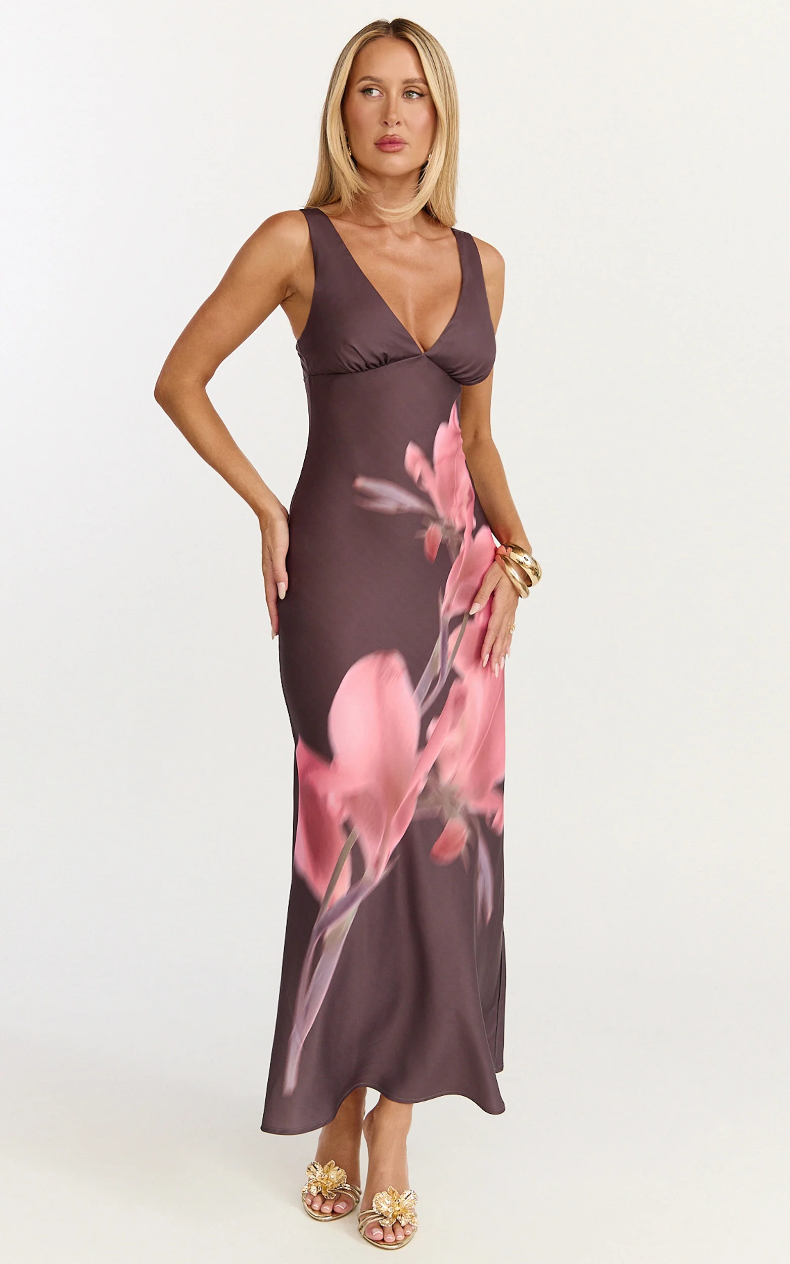 Elowen Midi Dress - Deep V Neck Satin Dress in Floral Print - Image 3