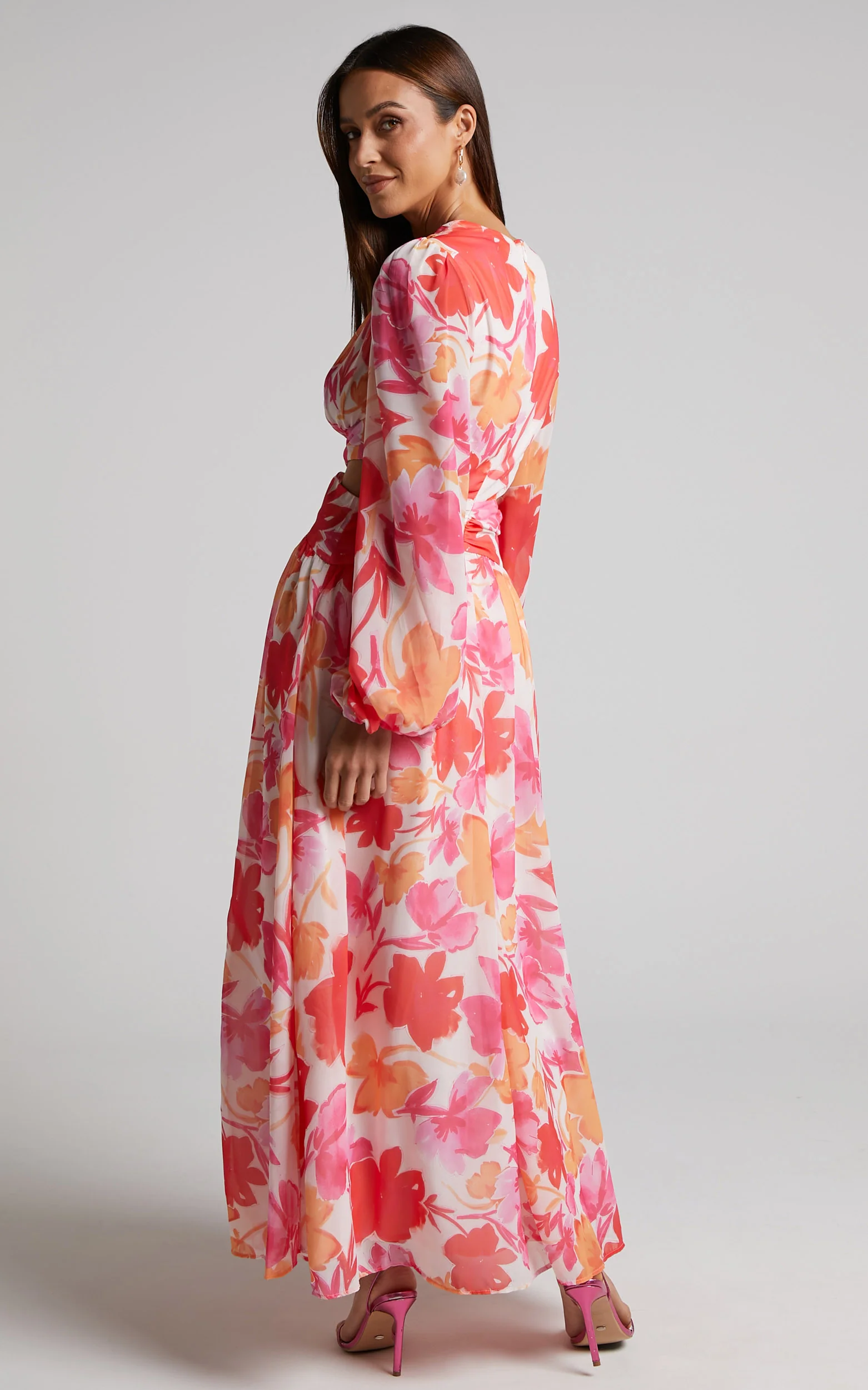 Emilee Midi Dress - Side Cut Out Long Sleeve Plunge Dress in Pink Floral - Image 6
