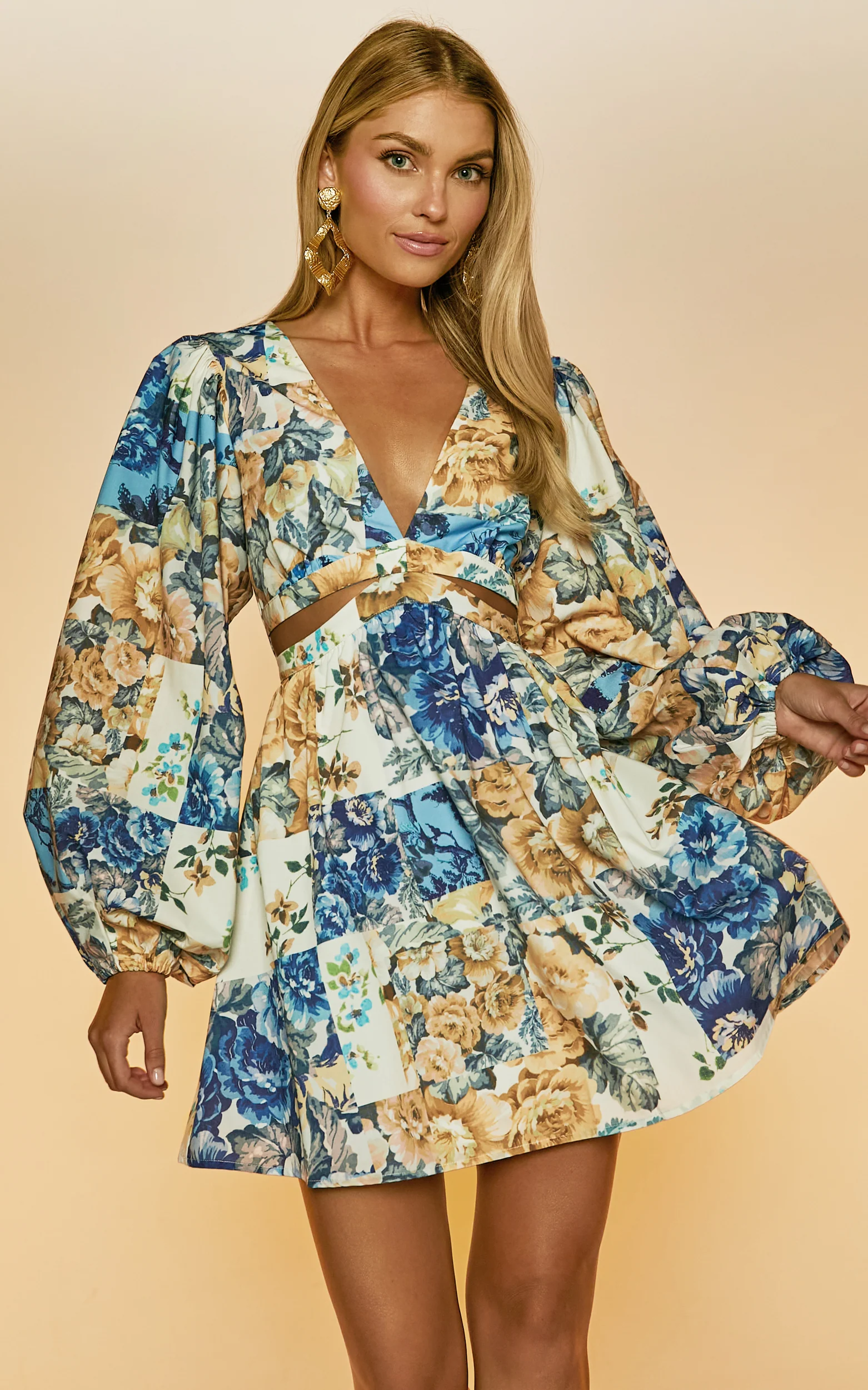 Emily Mini Dress - V Neck Long Sleeve Cut Out Dress in Patchwork Floral - Image 5