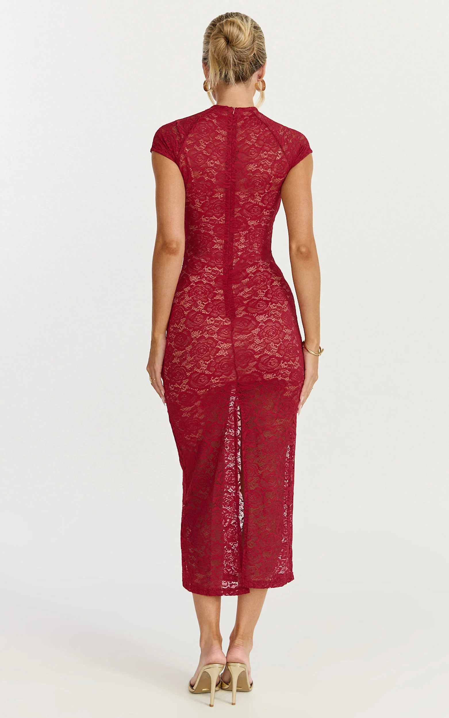 Emma Midi Dress - Lace Cap Sleeve Bodycon Dress in Wine - Image 5