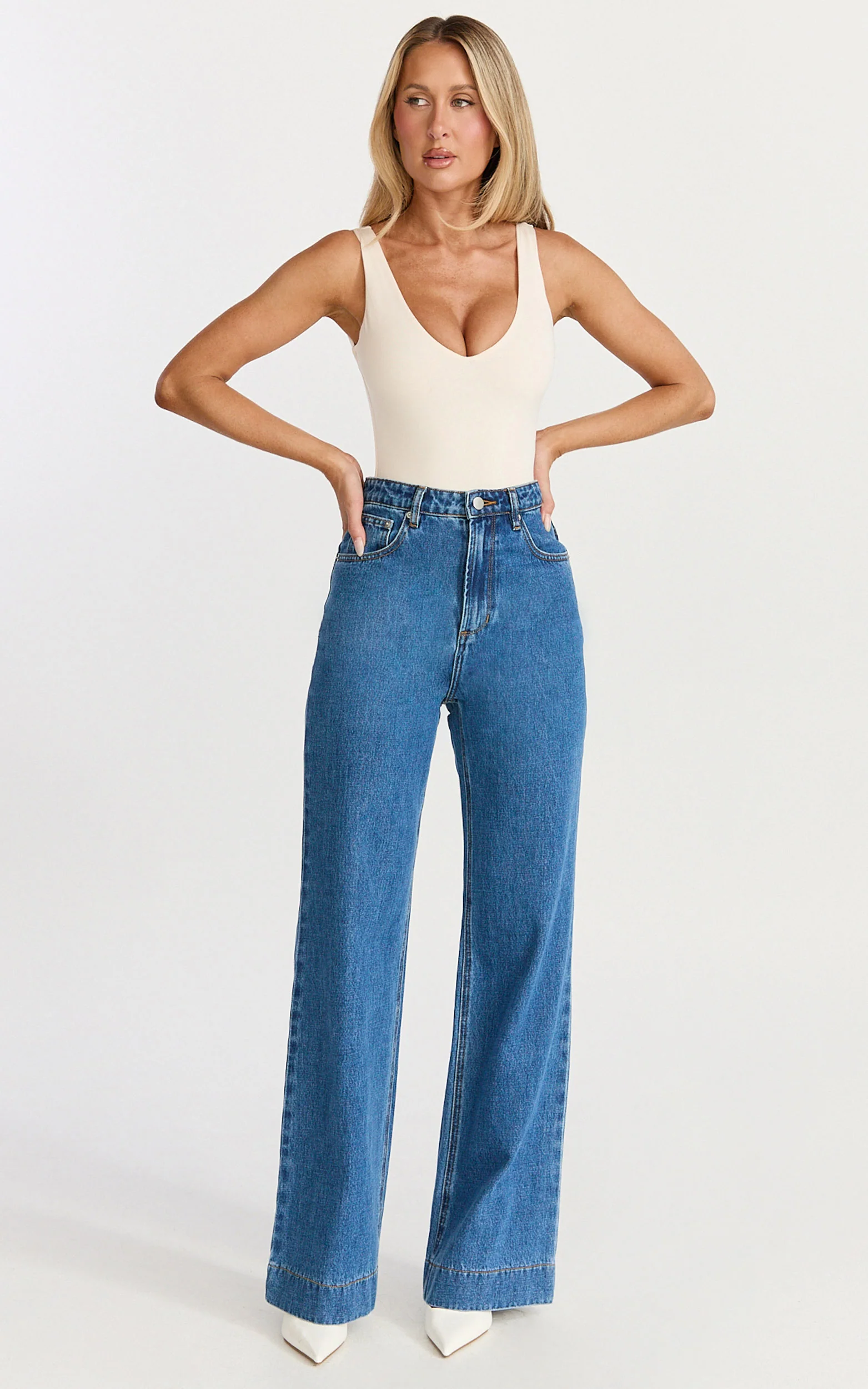 Emman Jeans - High Waisted Cotton Wide Leg Denim Jeans in Dark Blue Wash - Image 3