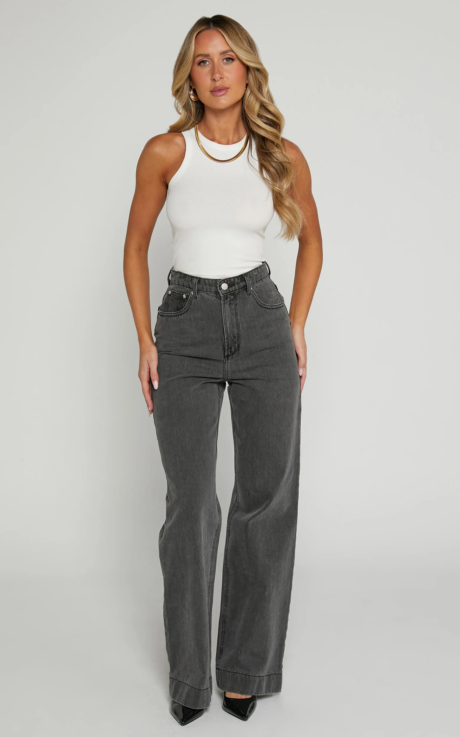 Emman Jeans - High Waisted Cotton Wide Leg Denim Jeans in Washed Black - Image 3