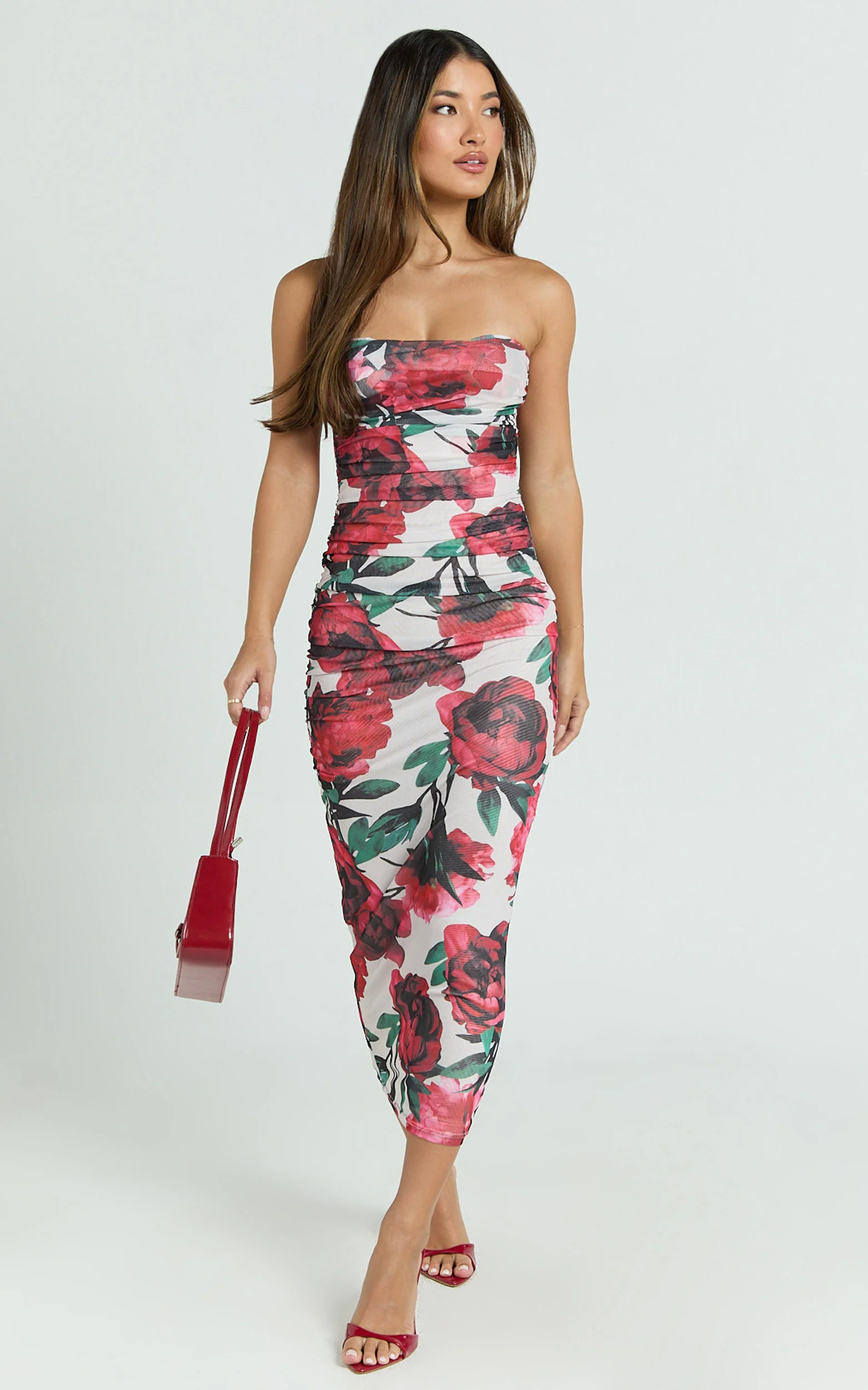 Enid Midi Dress - Sweetheart Neck Ruched Bodycon Dress in Rose Blanca - Image 8