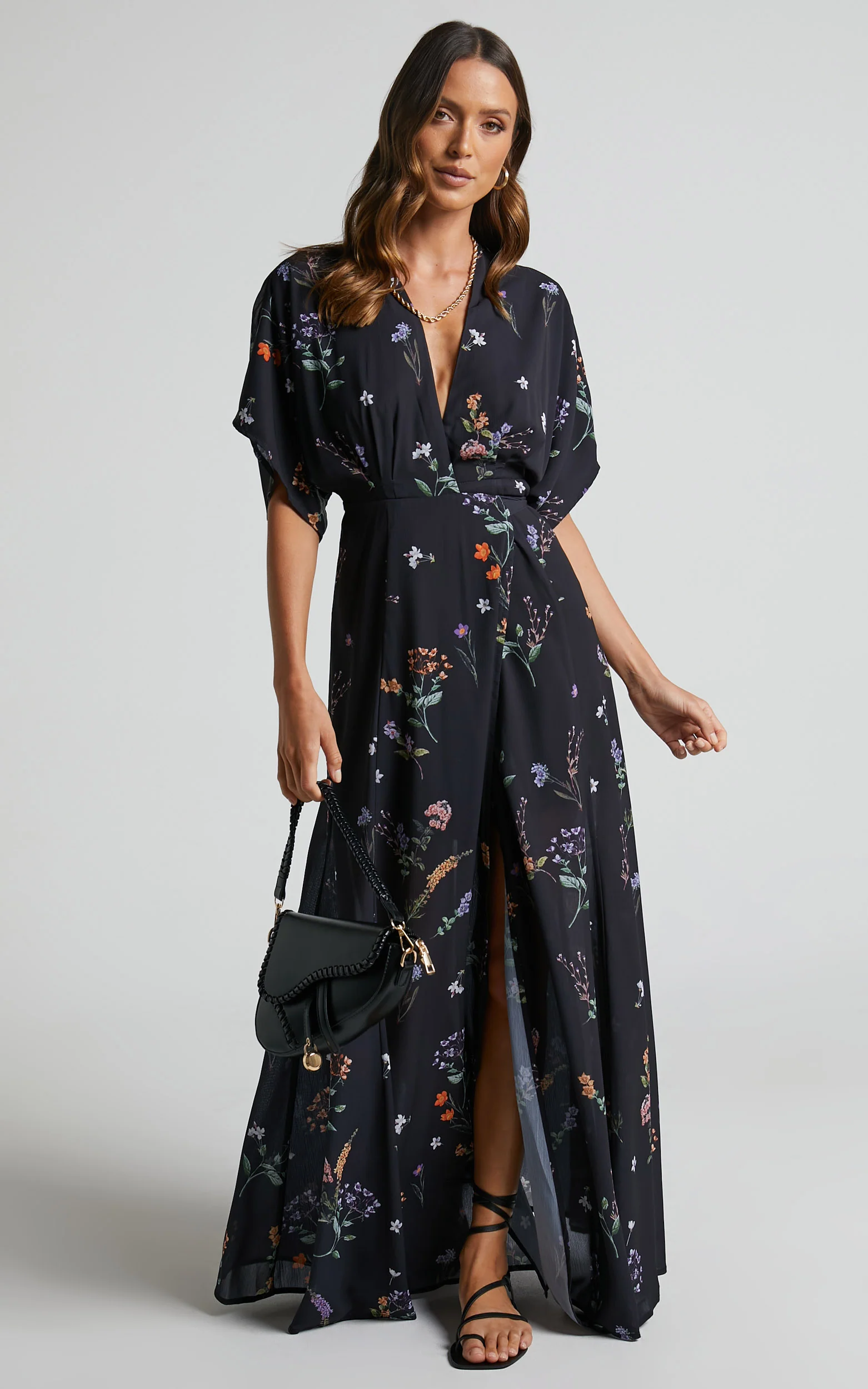 Erenza Maxi Dress - Extended Sleeve Wrap Dress in Black Flower Field - Image 3