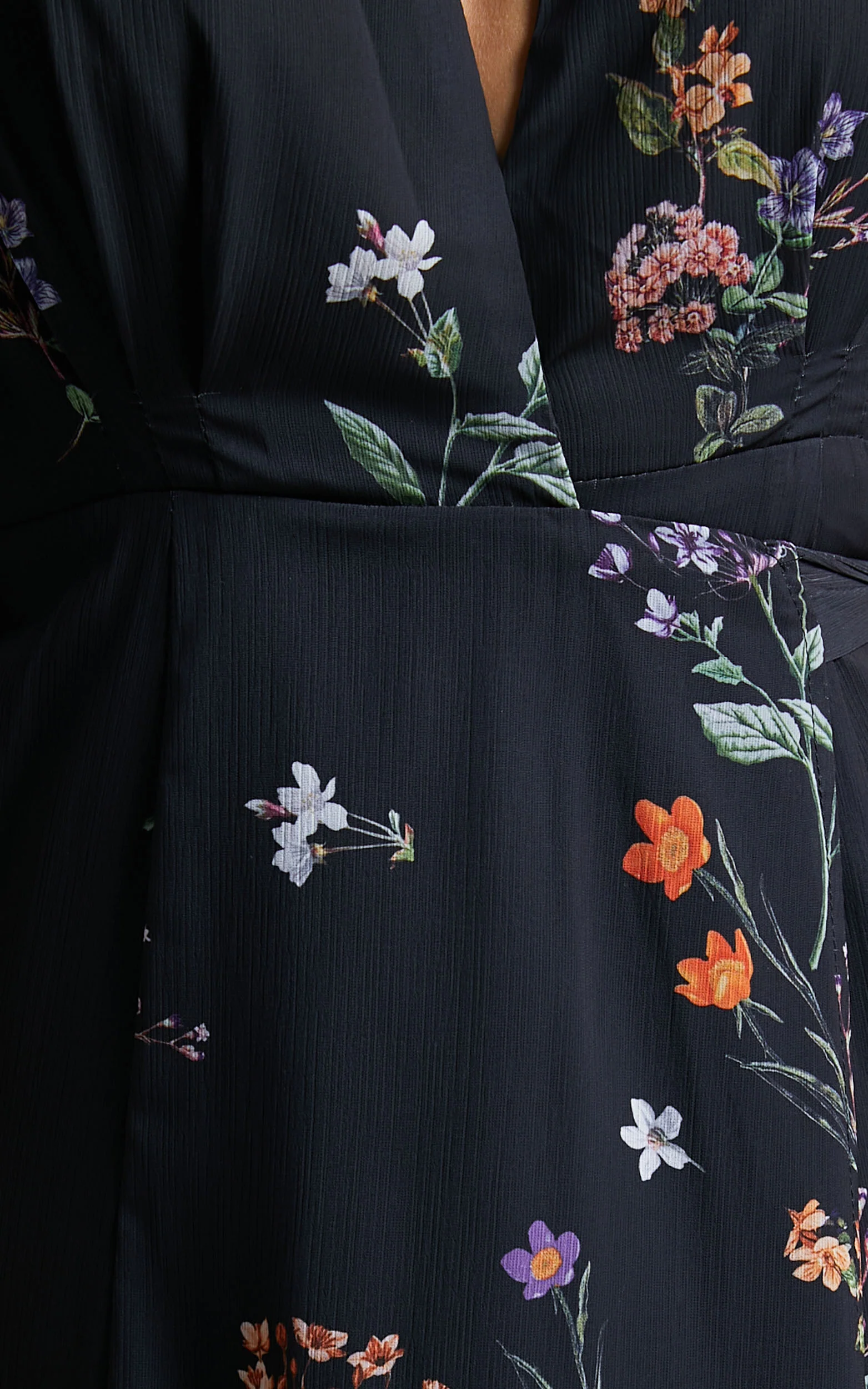 Erenza Maxi Dress - Extended Sleeve Wrap Dress in Black Flower Field - Image 8
