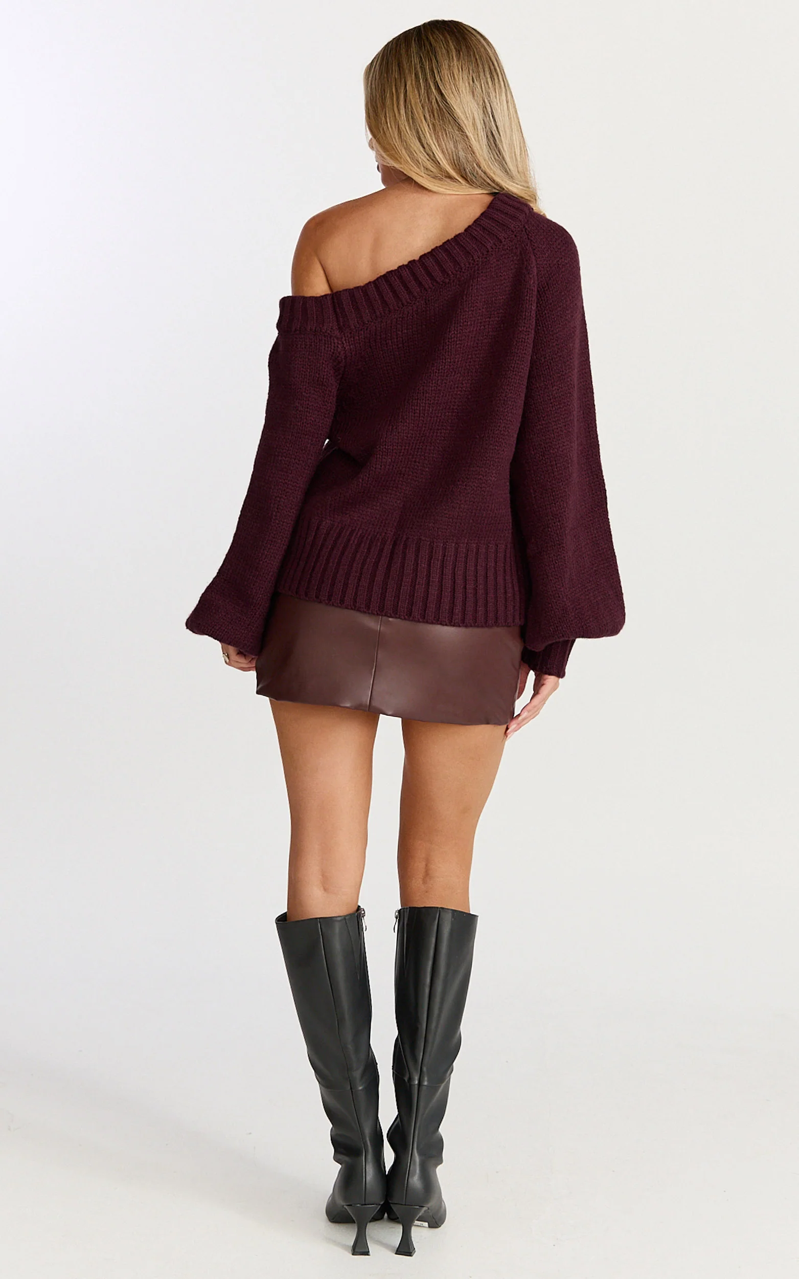 Erin Jumper - Cable Knit Off Shoulder Jumper in Wine - Image 5