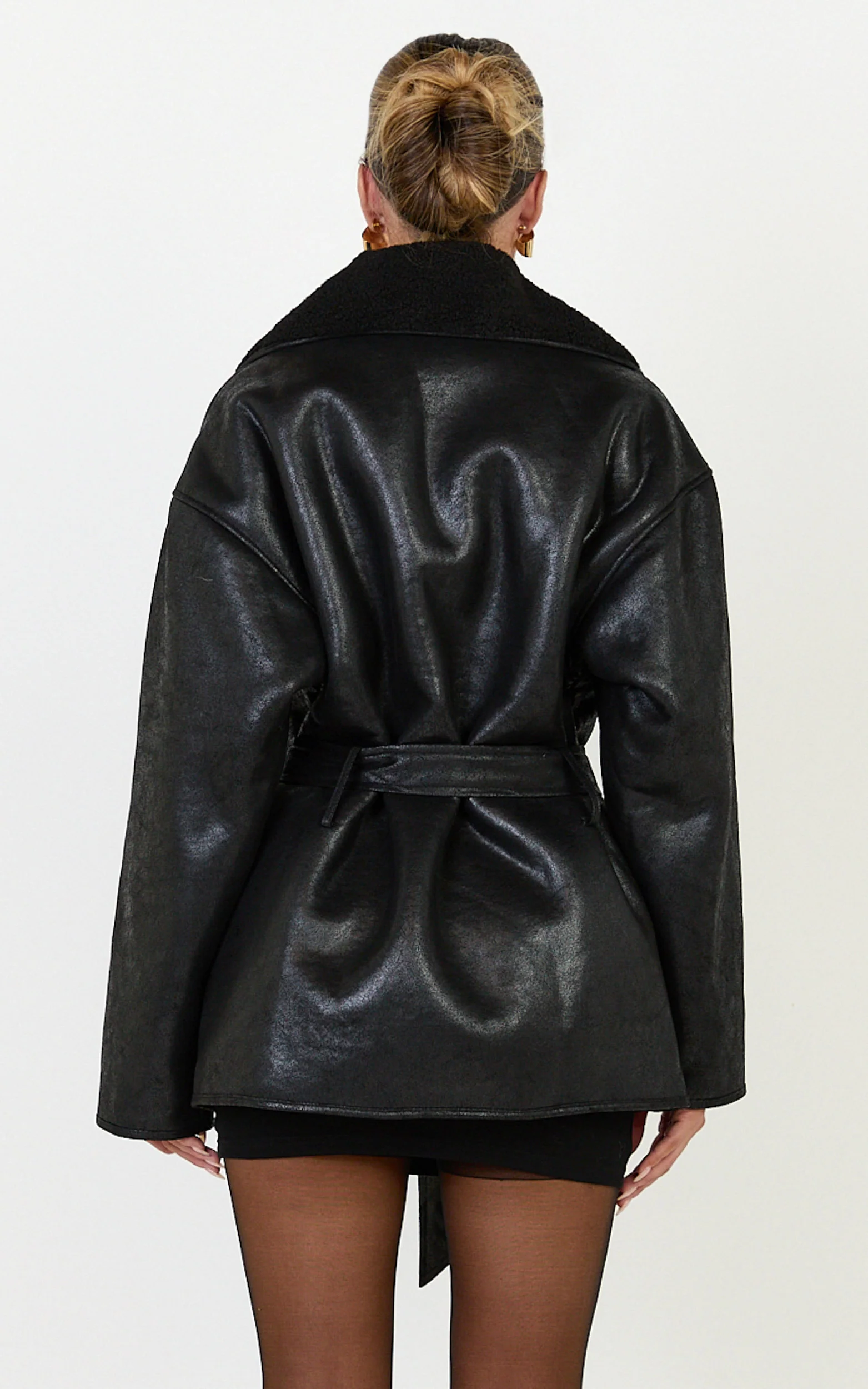 Esme Coat - Double Breasted Belted Faux Leather Faux Fur Lined Jacket in Black - Image 5