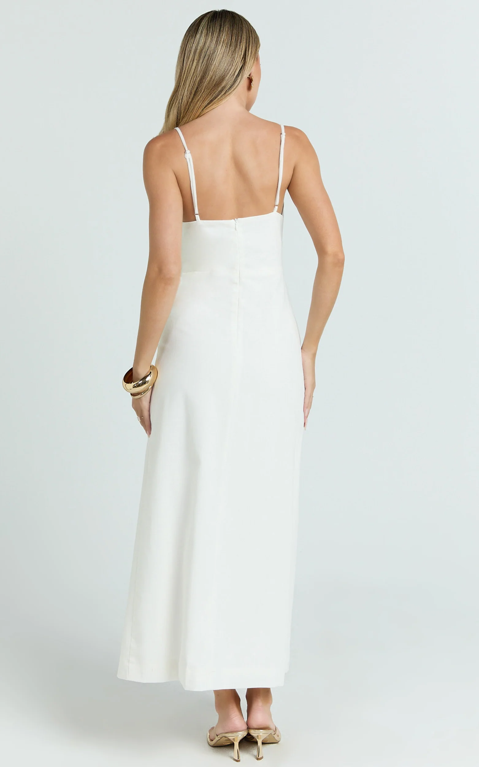 Estelle Midi Dress - Beaded Scallop Neck Split Leg Dress in Off White - Image 6