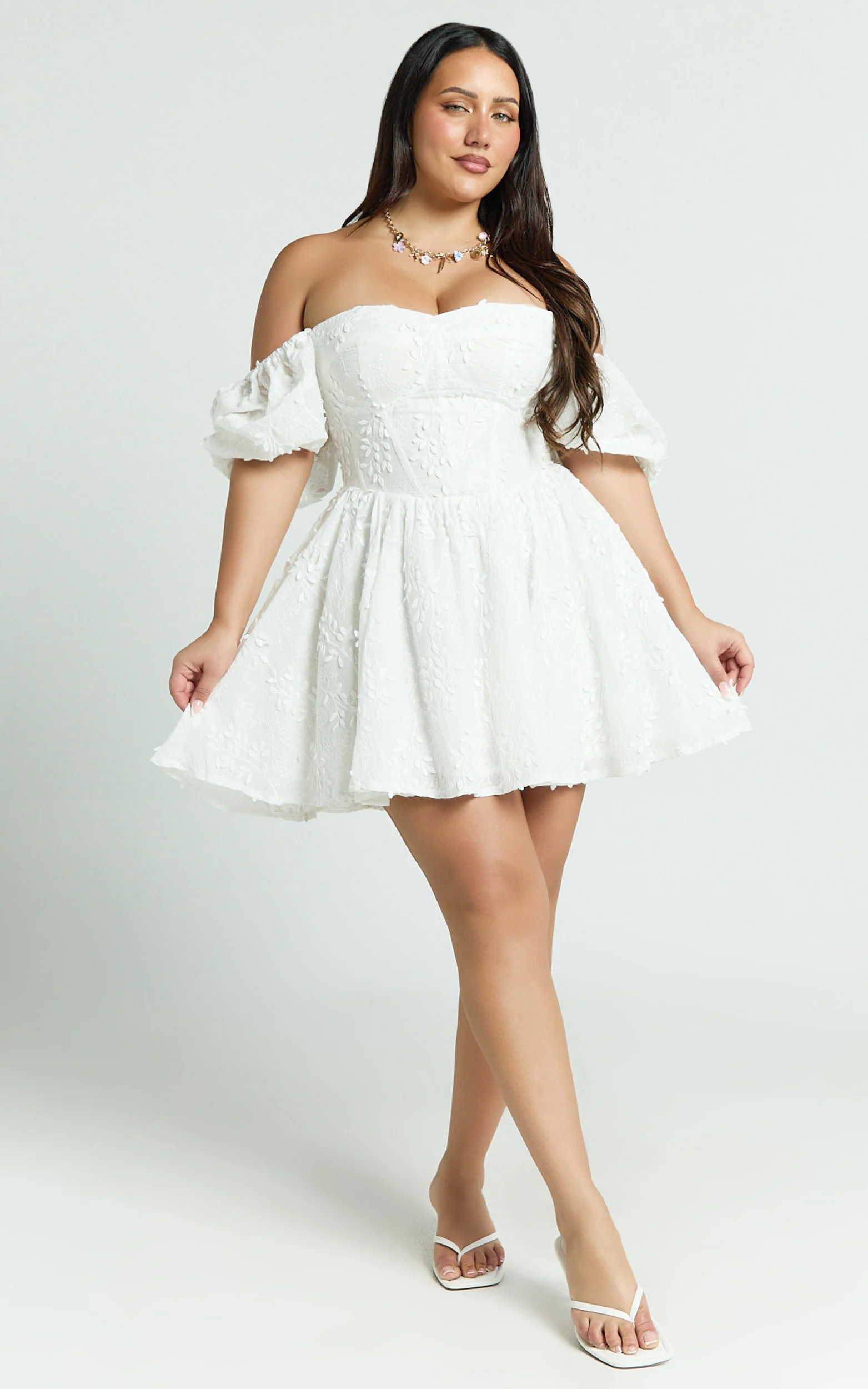 Esthela Mini Dress - Embroidered Square Neck Short Puff Sleeve Corset in White Floral - Image 4