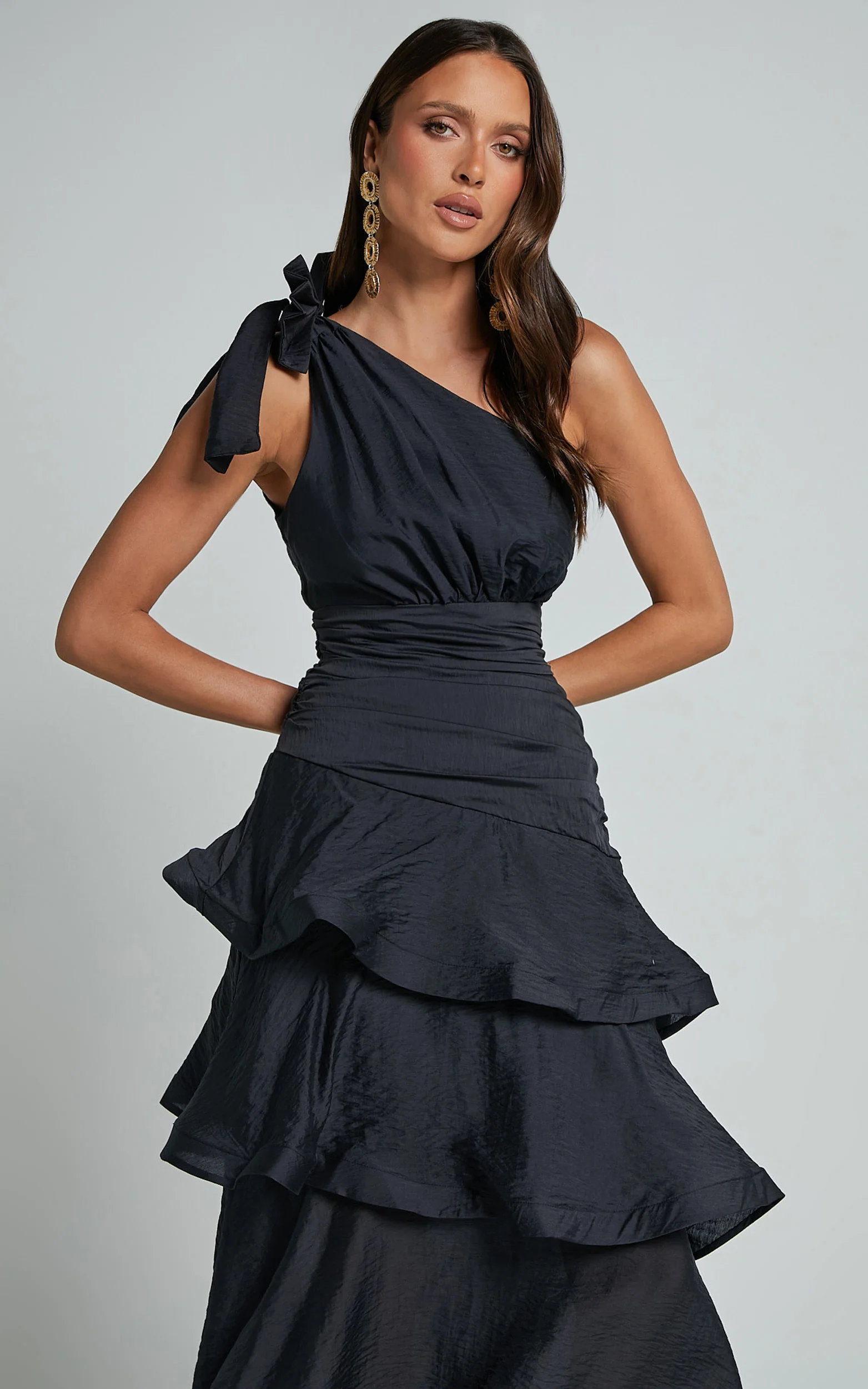 Eugenia Midi Dress - One Shoulder Fit and Flare Layered Dress in Black - Image 3