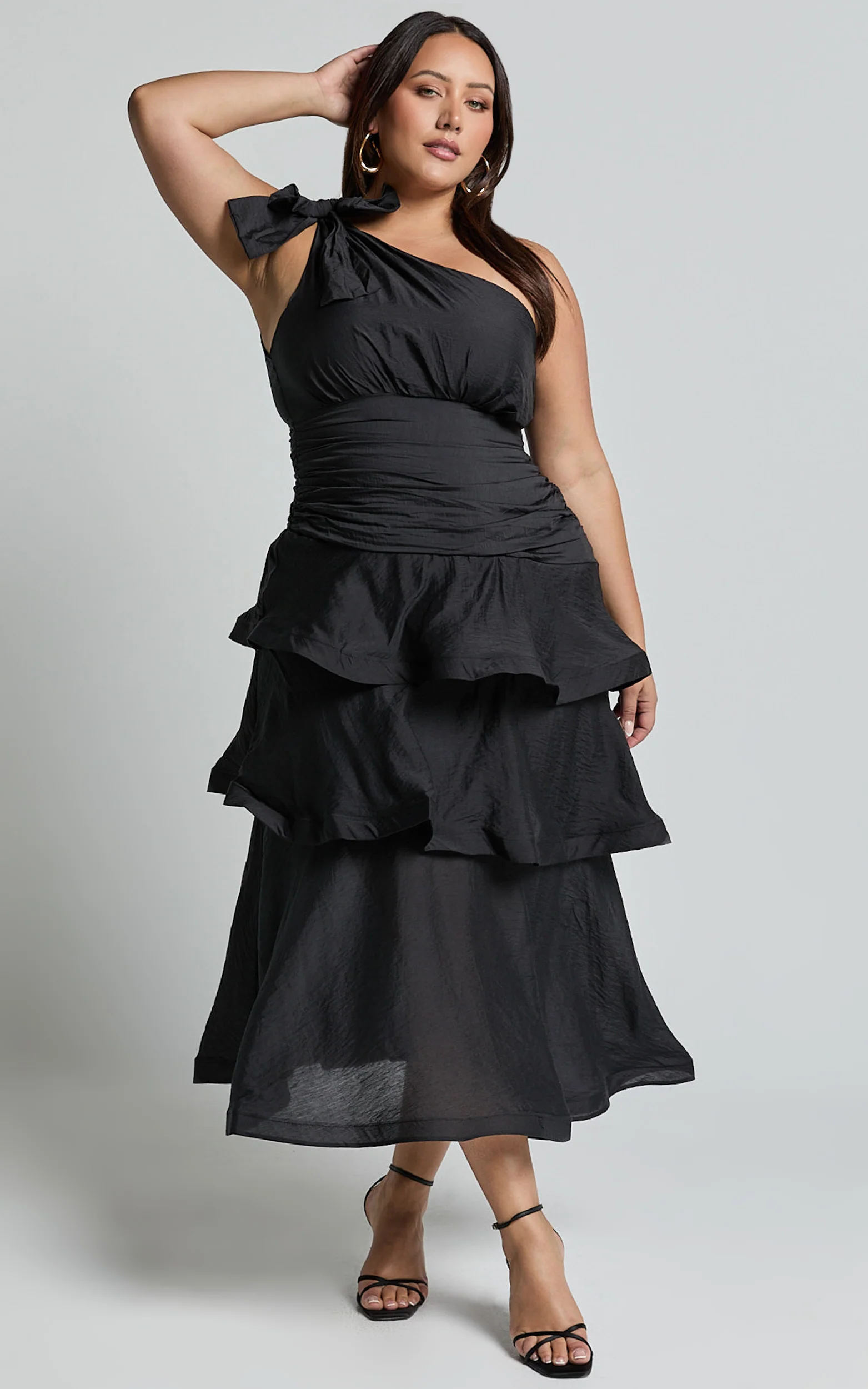 Eugenia Midi Dress - One Shoulder Fit and Flare Layered Dress in Black - Image 4