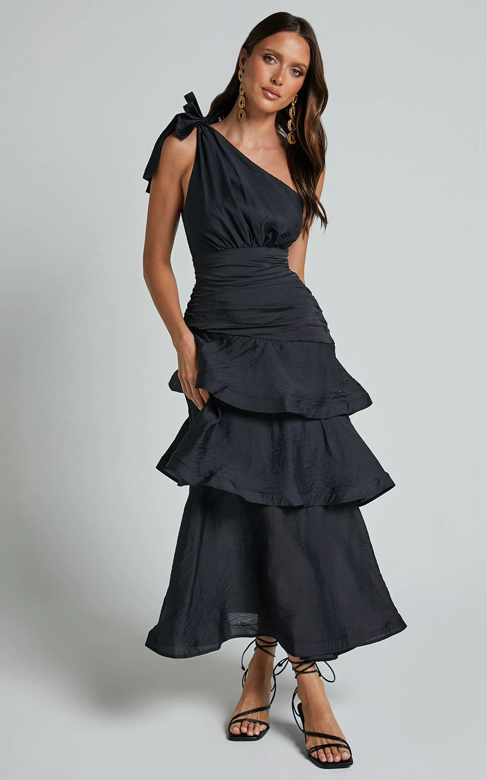 Eugenia Midi Dress - One Shoulder Fit and Flare Layered Dress in Black - Image 5
