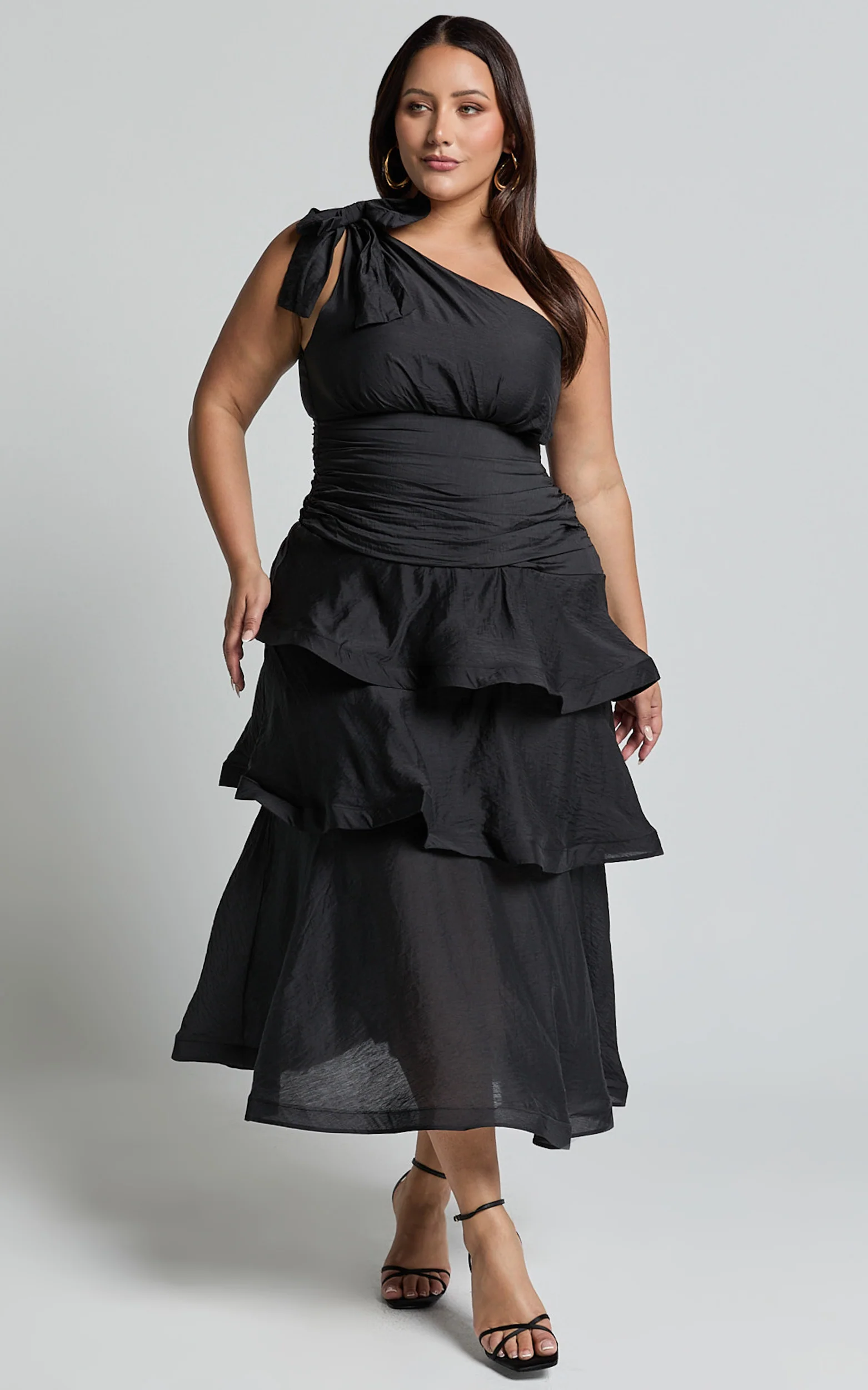 Eugenia Midi Dress - One Shoulder Fit and Flare Layered Dress in Black - Image 6