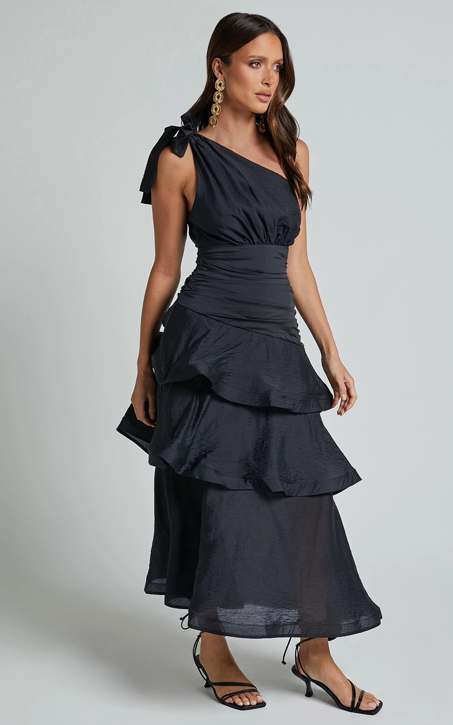 Eugenia Midi Dress - One Shoulder Fit and Flare Layered Dress in Black - Image 7