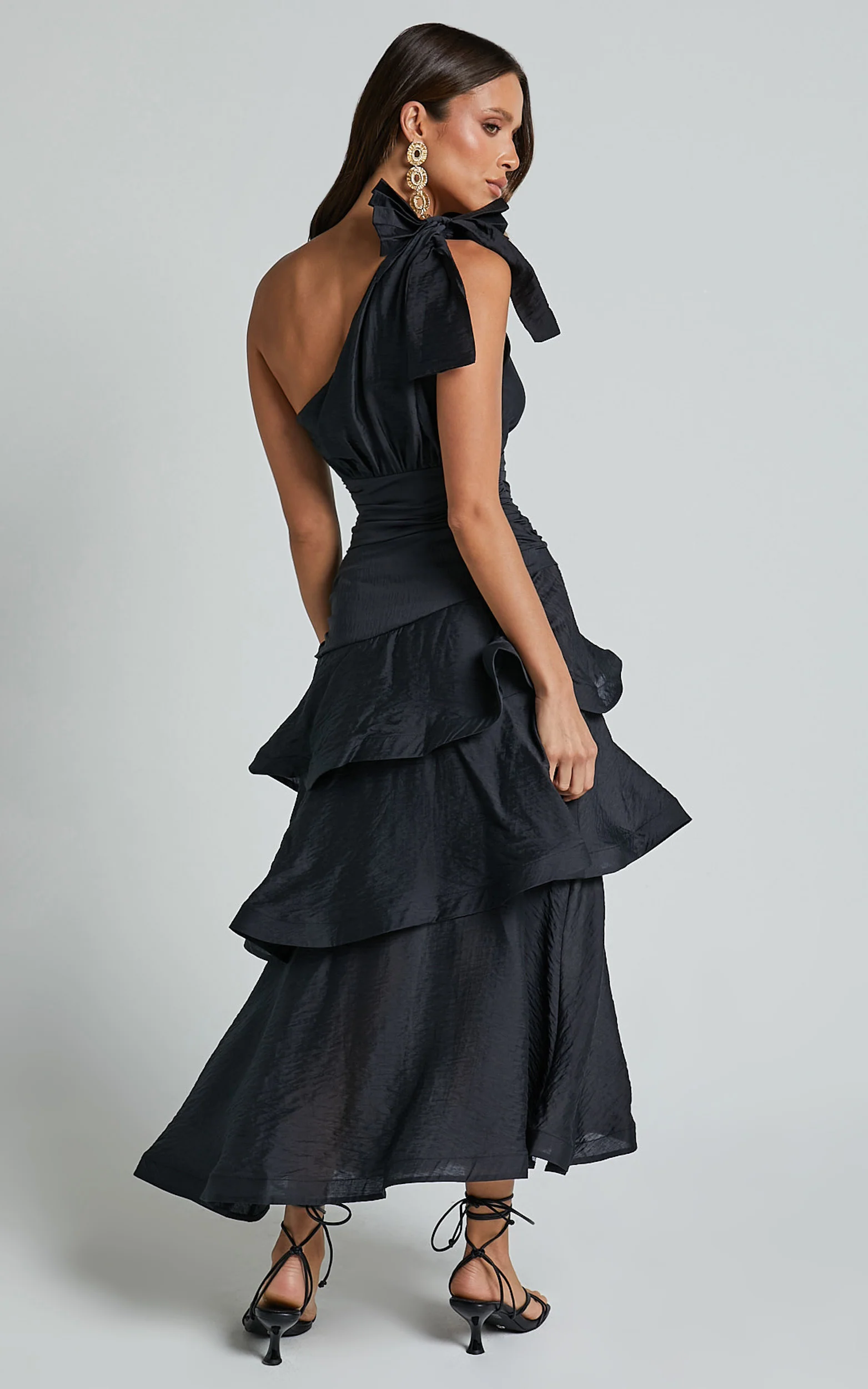 Eugenia Midi Dress - One Shoulder Fit and Flare Layered Dress in Black - Image 8