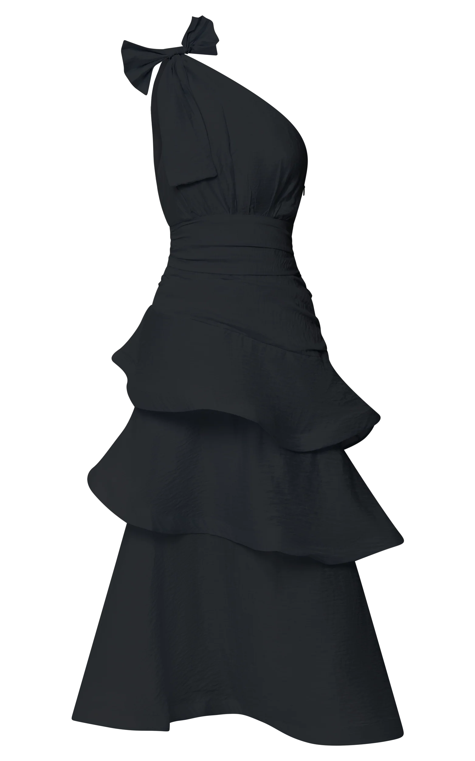 Eugenia Midi Dress - One Shoulder Fit and Flare Layered Dress in Black - Image 9