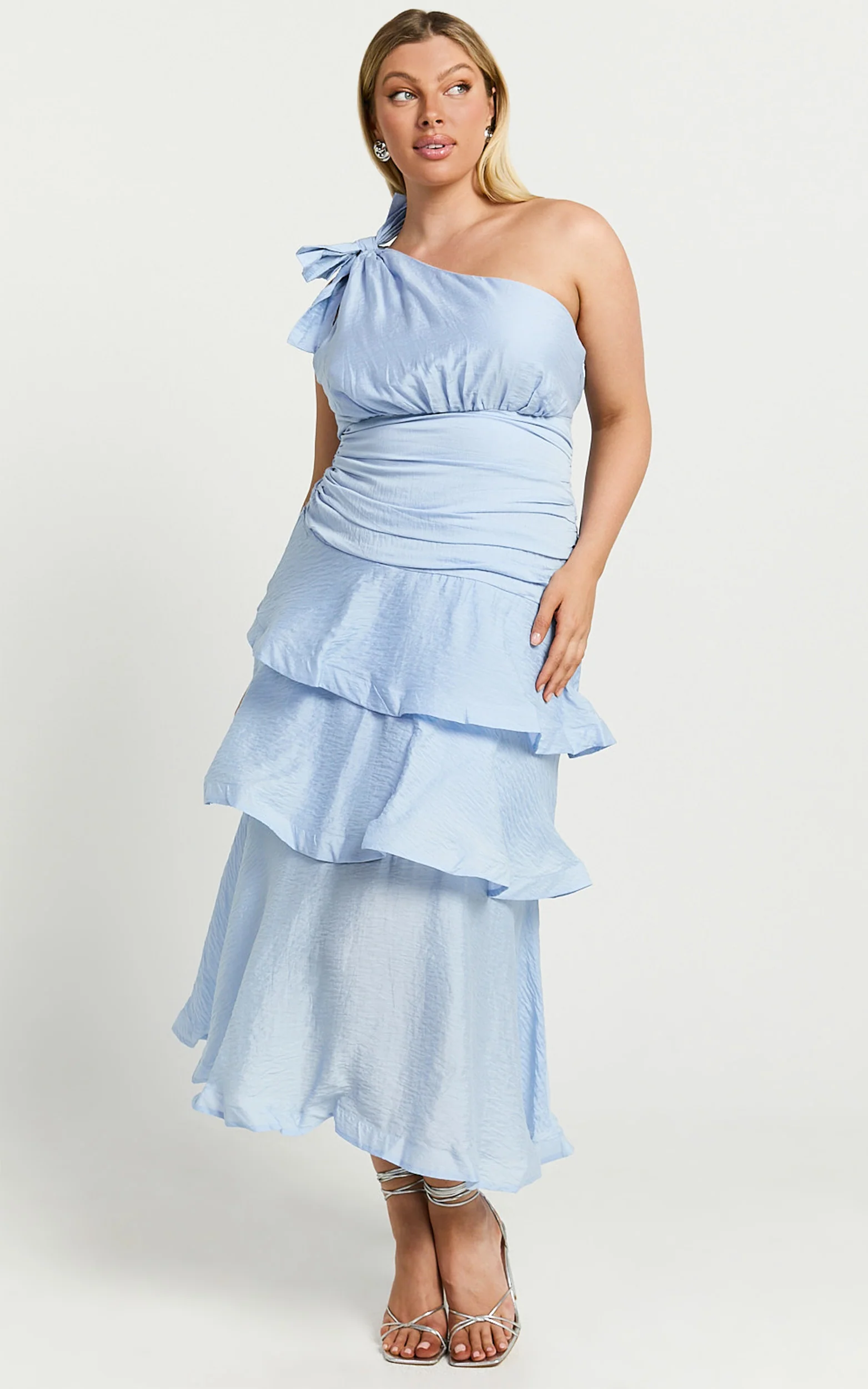 Eugenia Midi Dress - One Shoulder Fit and Flare Layered Dress in Pale Blue - Image 4