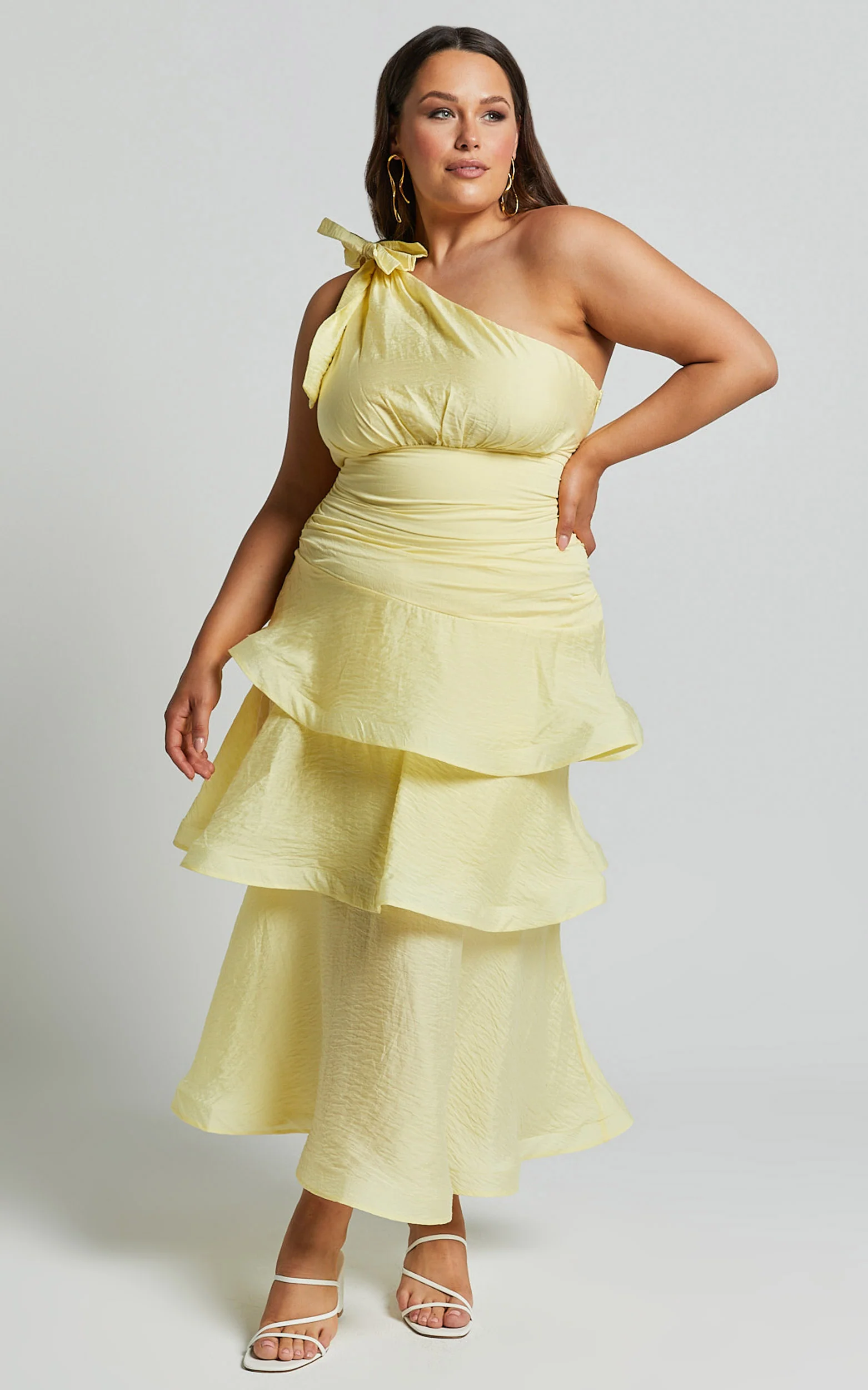 Eugenia Midi Dress - One Shoulder Fit and Flare Layered Dress in Yellow - Image 2
