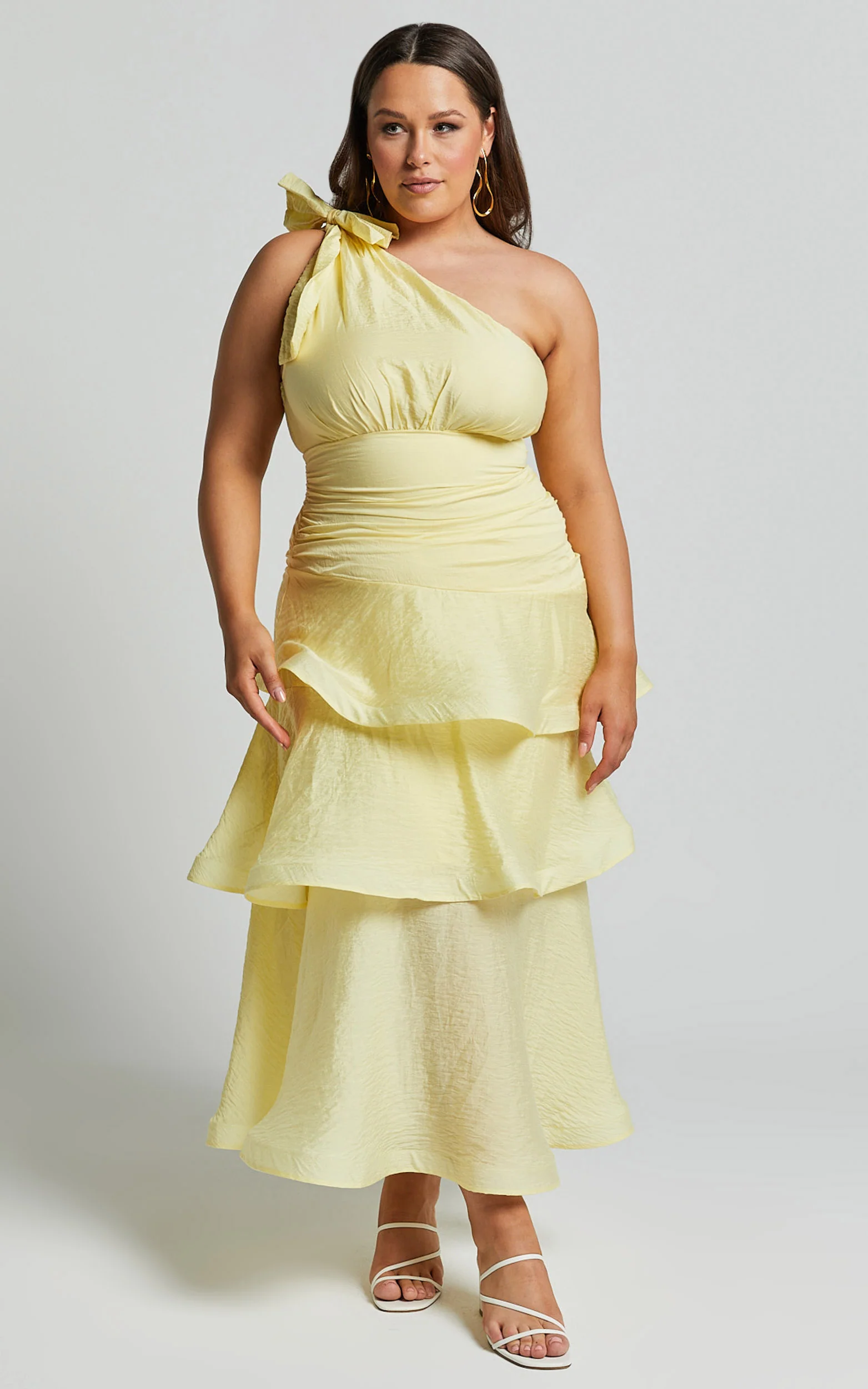 Eugenia Midi Dress - One Shoulder Fit and Flare Layered Dress in Yellow - Image 4