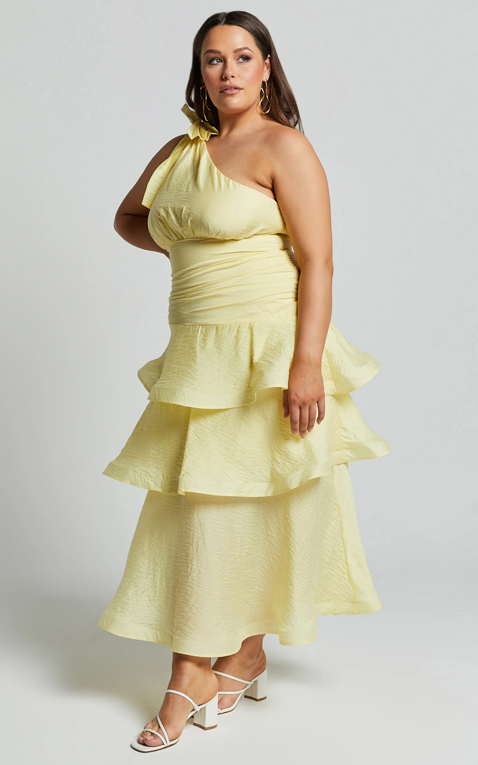 Eugenia Midi Dress - One Shoulder Fit and Flare Layered Dress in Yellow - Image 8