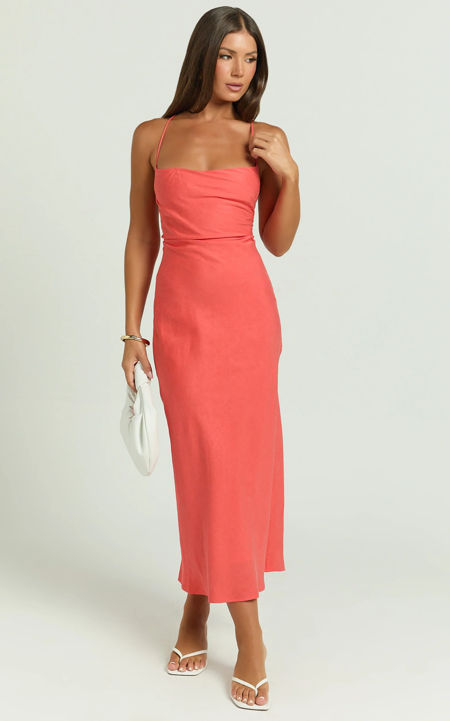 Evangeline Midi Dress - Square Neck Cross Back Bias Dress in Coral - Image 4