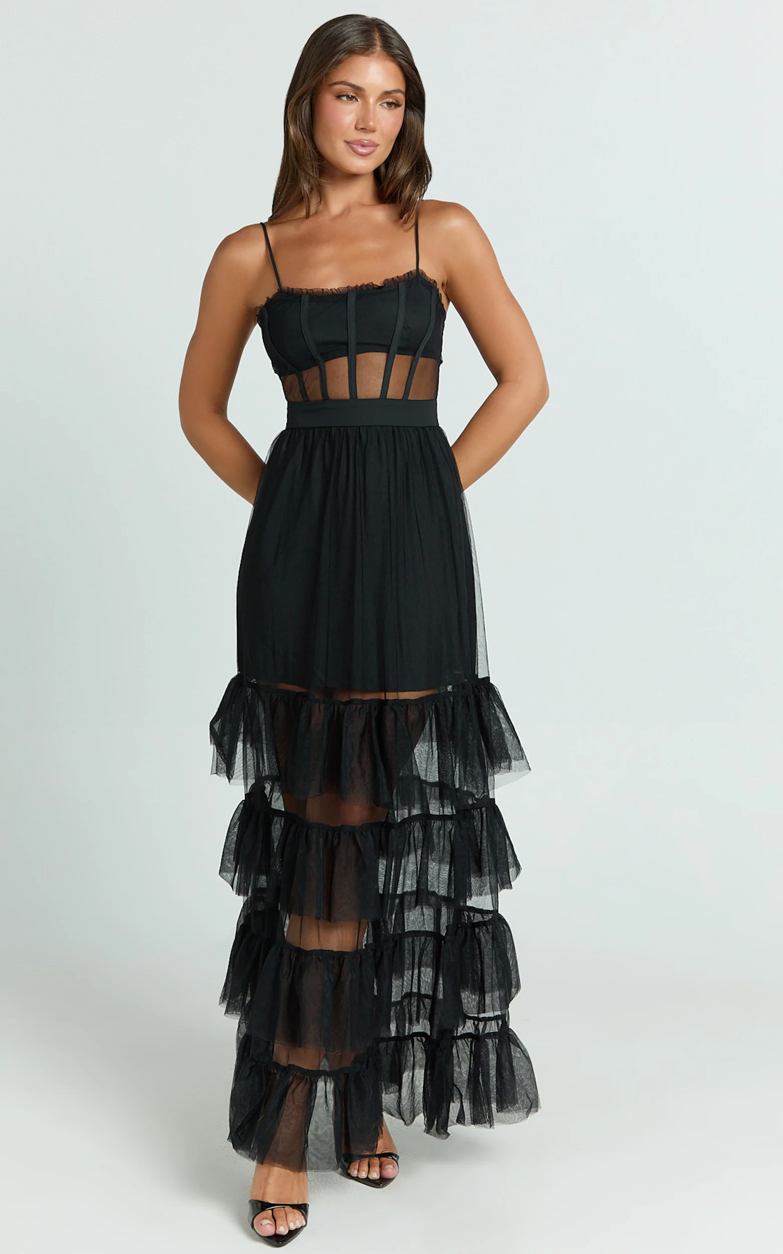Evelynn Midi Dress - Sweetheart Corset Bodice Fit & Flare Tiered in Black - Image 3