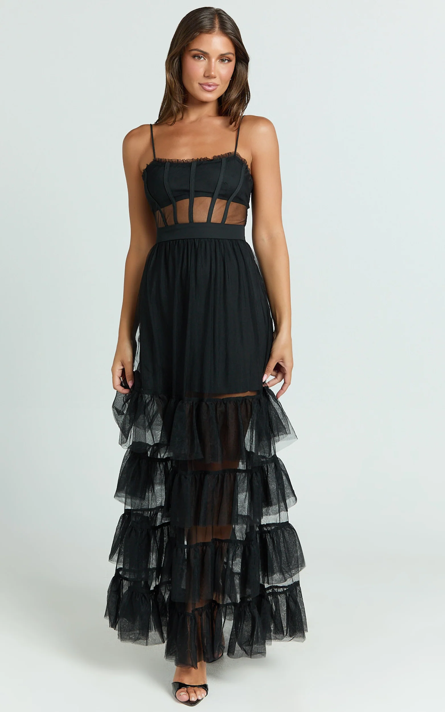 Evelynn Midi Dress - Sweetheart Corset Bodice Fit & Flare Tiered in Black - Image 4
