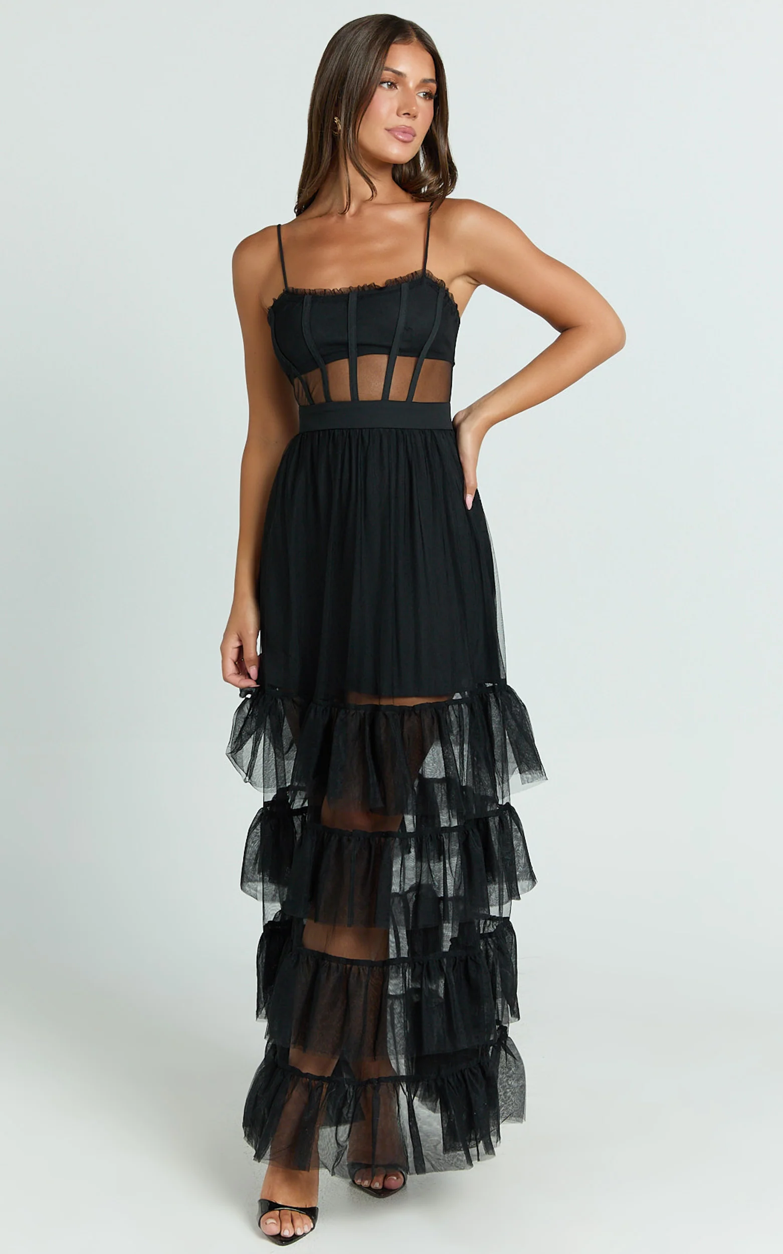 Evelynn Midi Dress - Sweetheart Corset Bodice Fit & Flare Tiered in Black - Image 5