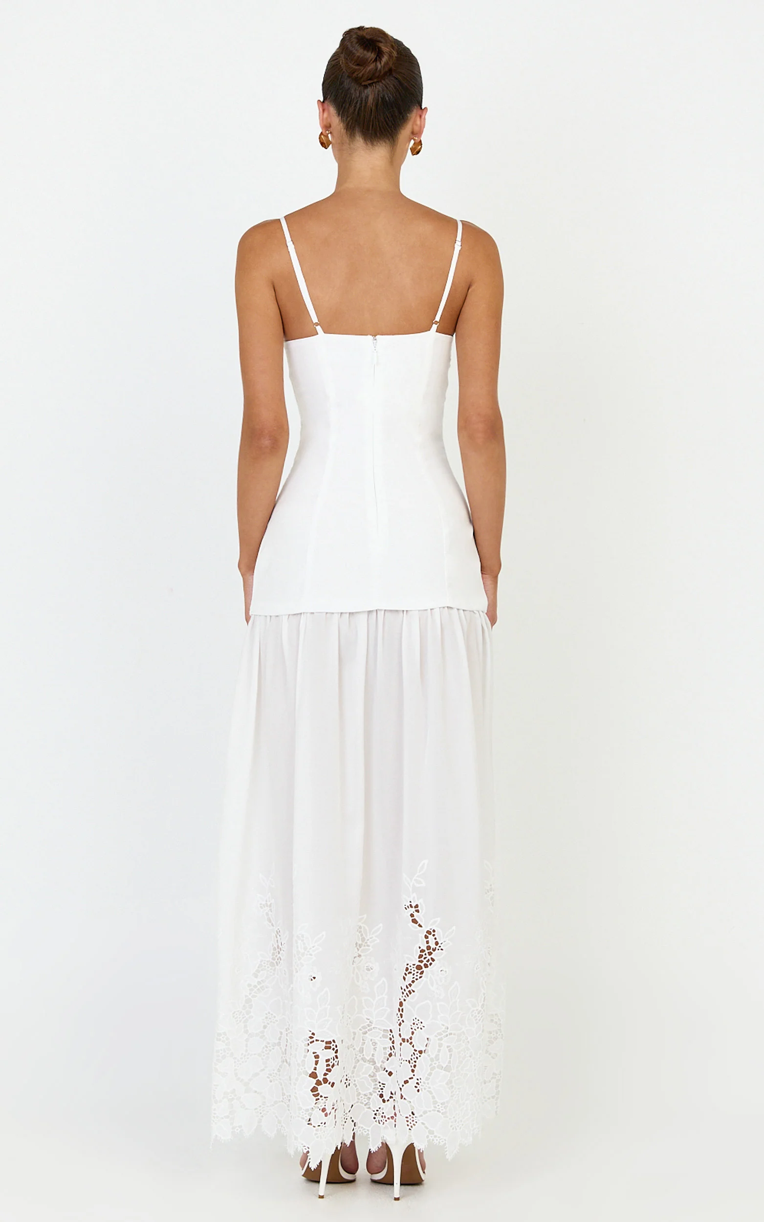 Everly Maxi Dress - Straight Neck Broderie Cut Out Hem Dress in White - Image 5