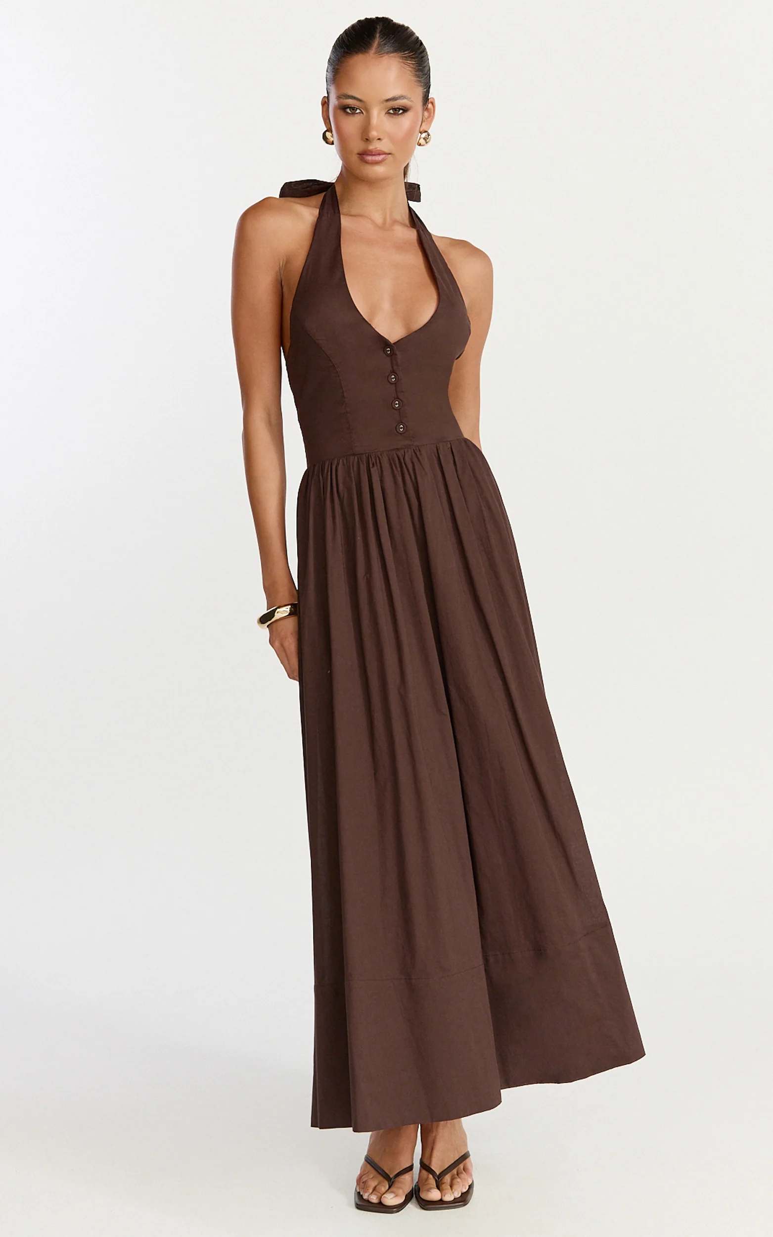 Everly Midi Dress - Tie Halter Neck Button Down Bodice Fit And Flare Dress in Chocolate - Image 4