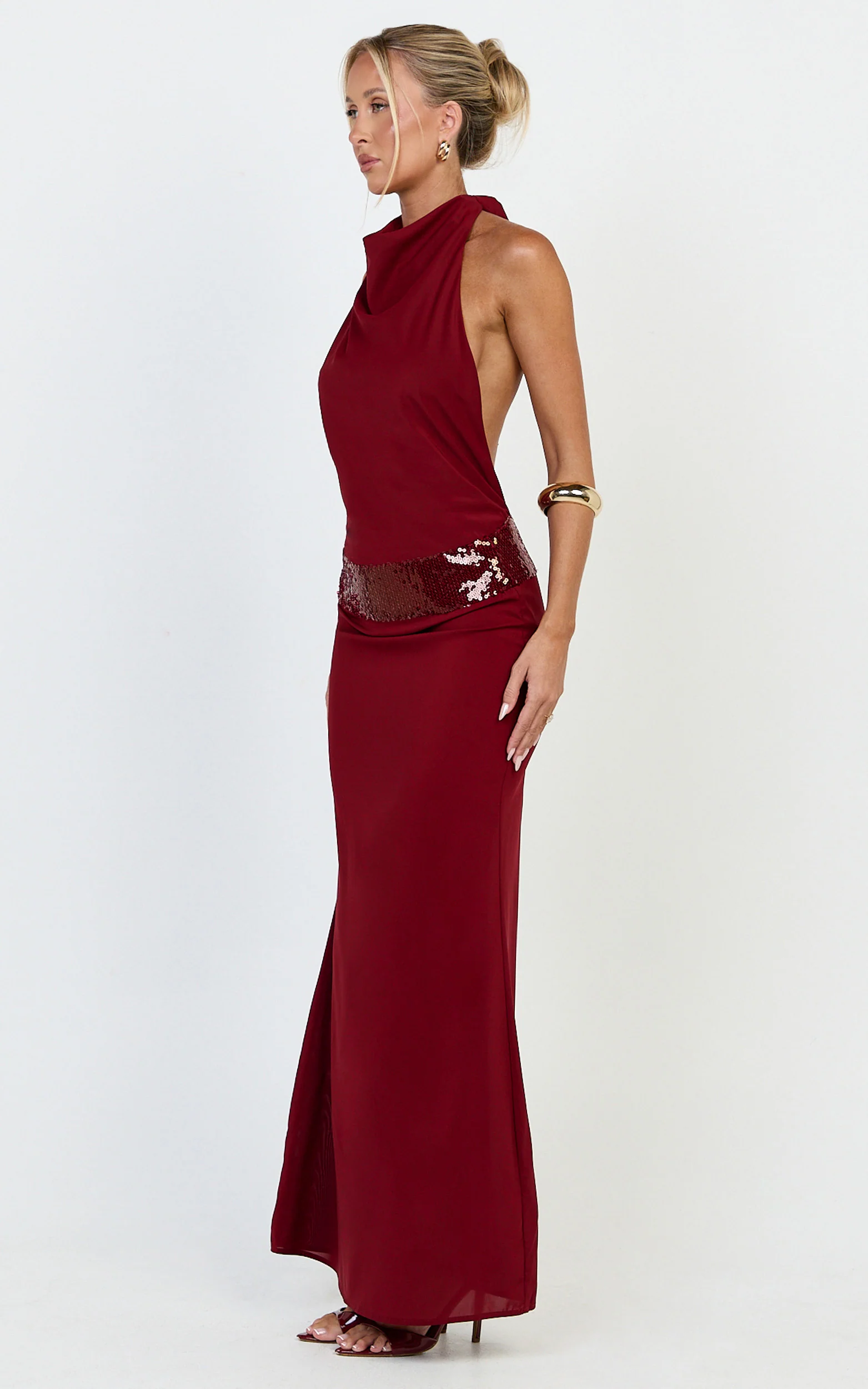 Evianne Maxi Dress - Backless Sequin Drop Waist Halter Dress in Wine - Image 6