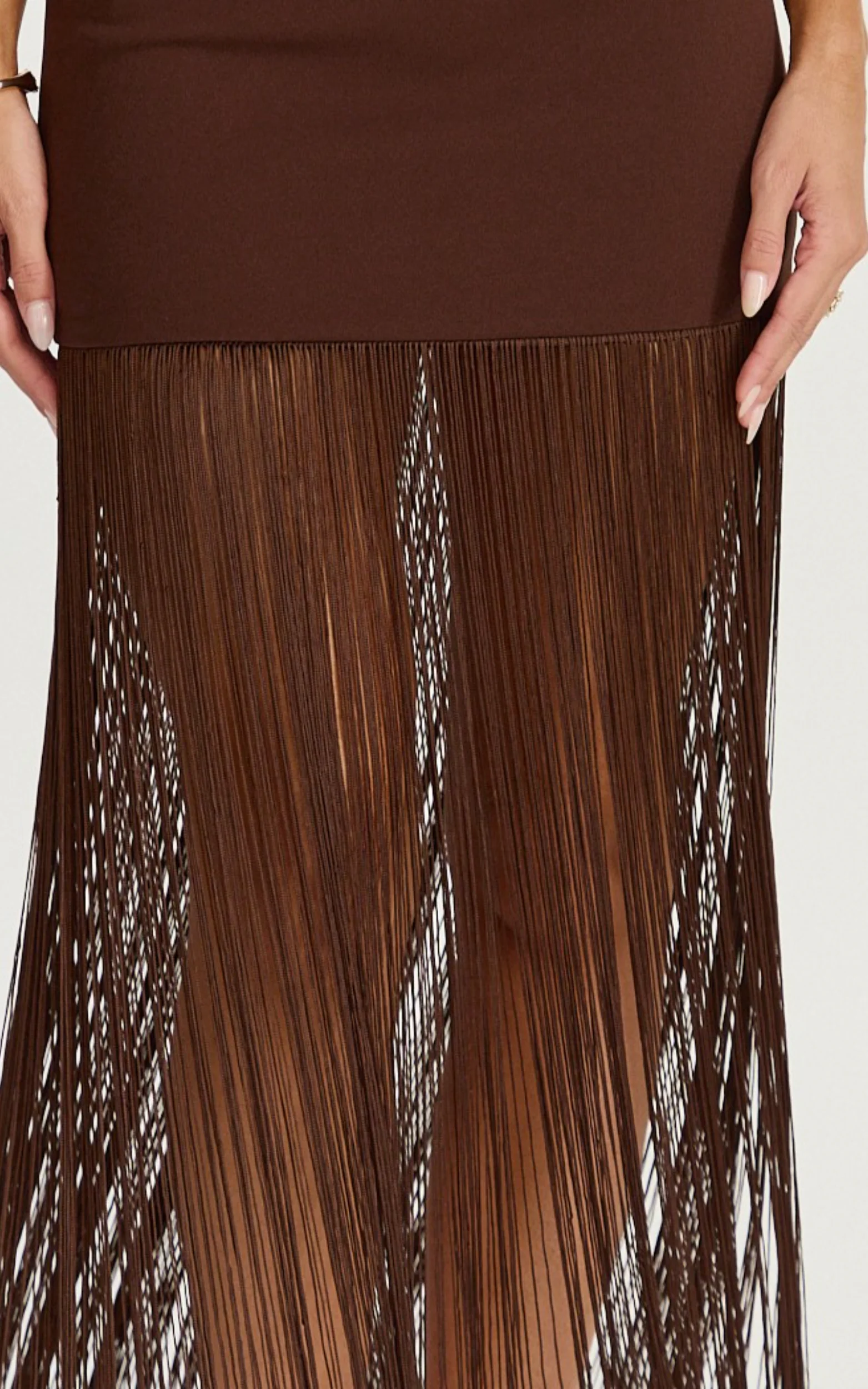 Evie Maxi Dress - Crepe Fringed Shift Dress in Chocolate - Image 6