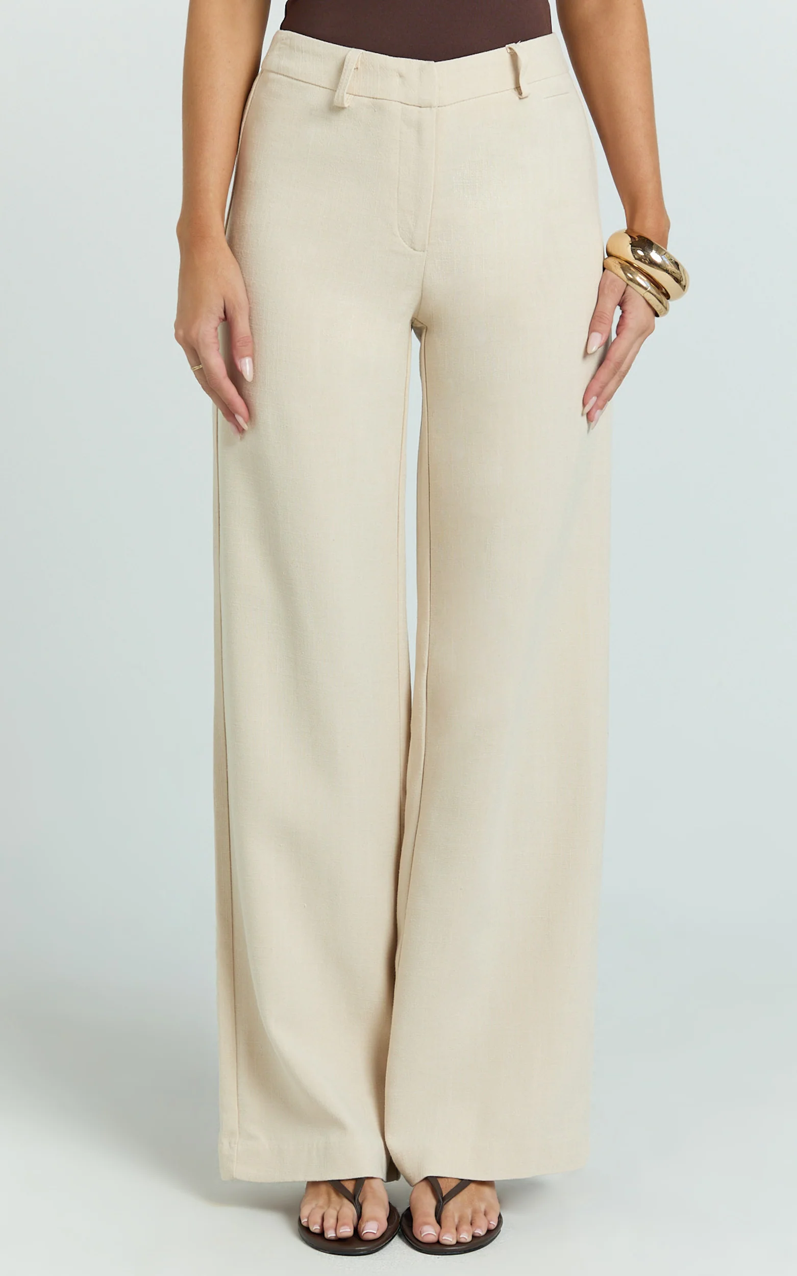 Evie Pants - Mid Rise Wide Leg Linen Blend Tailored Pants in Sand - Image 2
